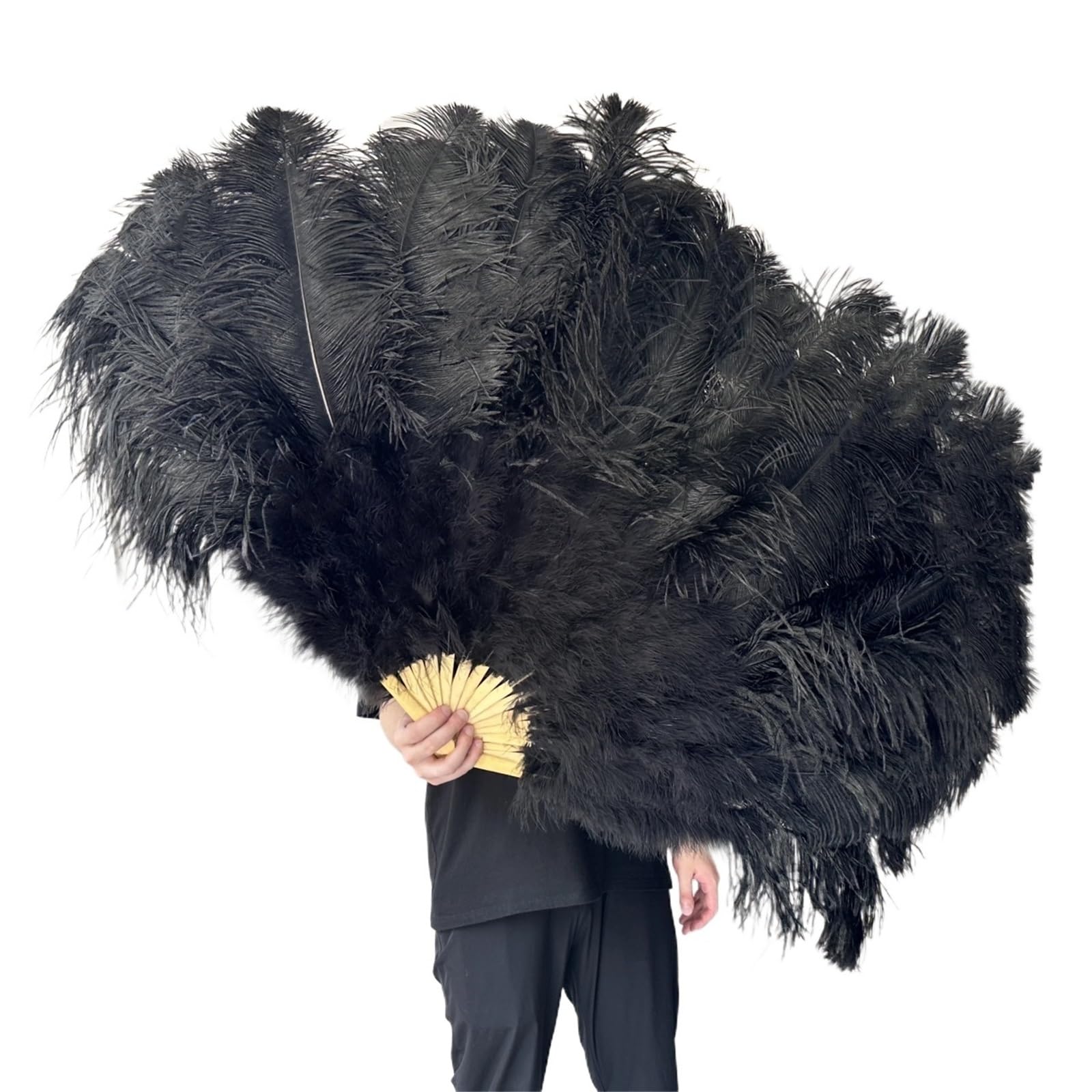 NRBMZYEN Folding Feather Fan Big Ostrich Feathers Fan 13Bone 100CM 130CM Hands Held Folding Fan for Party Carnival Dance Performance Decoration(Black,130CM 2PCS)