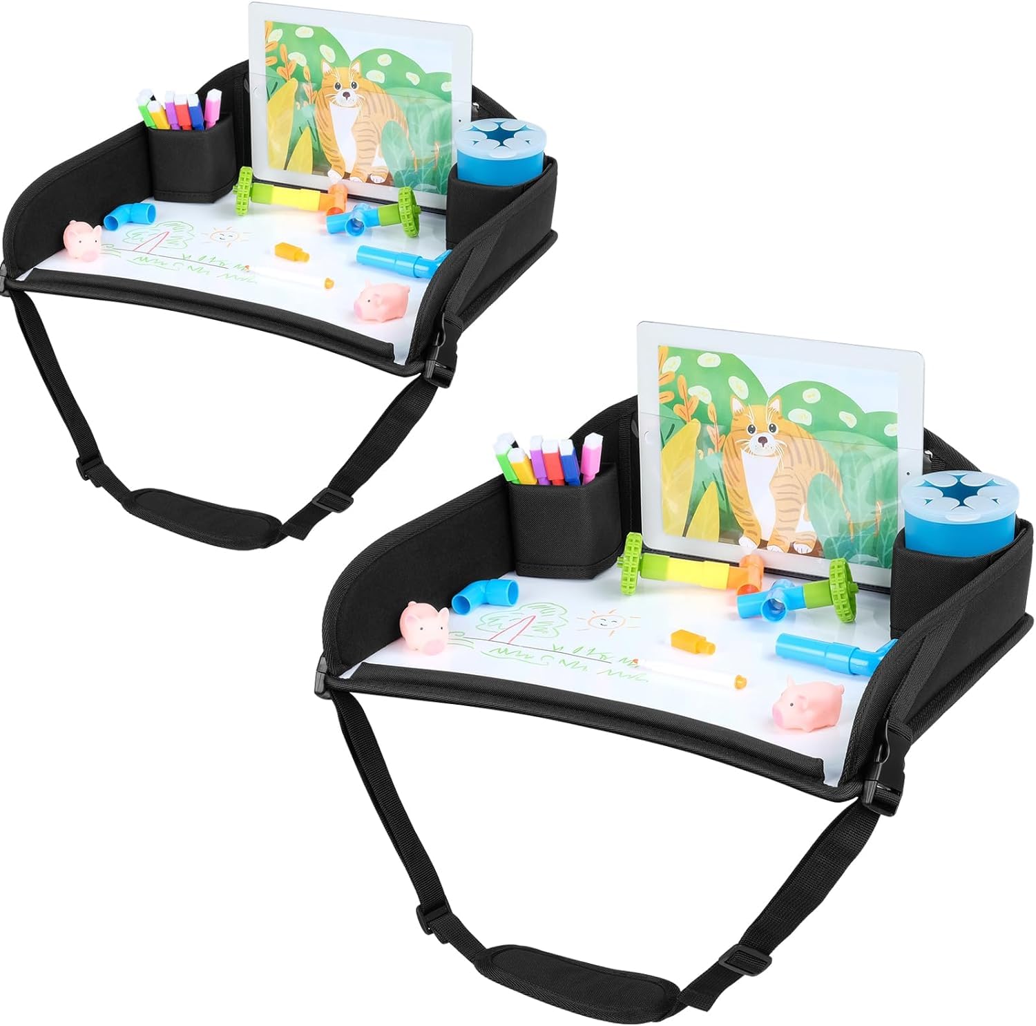 INFANZIA Tavolo da viaggio per bambini – Vassoio da ginocchio con tavola da disegno, vassoio per snack, sedile posteriore per auto, aereo, treno, viaggi, supporto, organizer pieghevole (nero 2 seat)