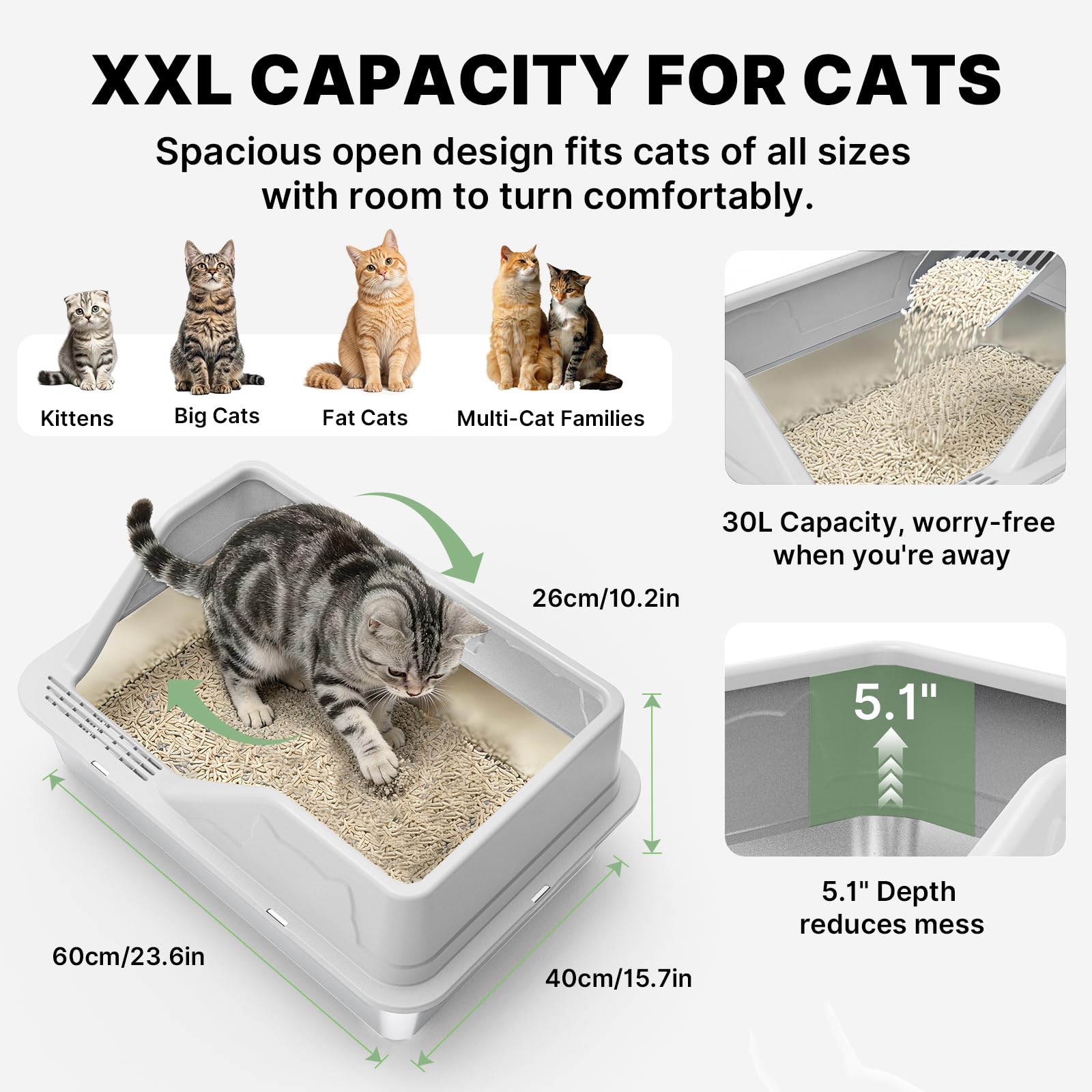 Stainless Steel Litter Box XL for Big Cats, Large Metal Cat Litter Box, High Sided Stainless Steel Pan Litterbox, Easy Clean Non-Stick, Included Scoop & Pedal & Mat, Light Grey - 3