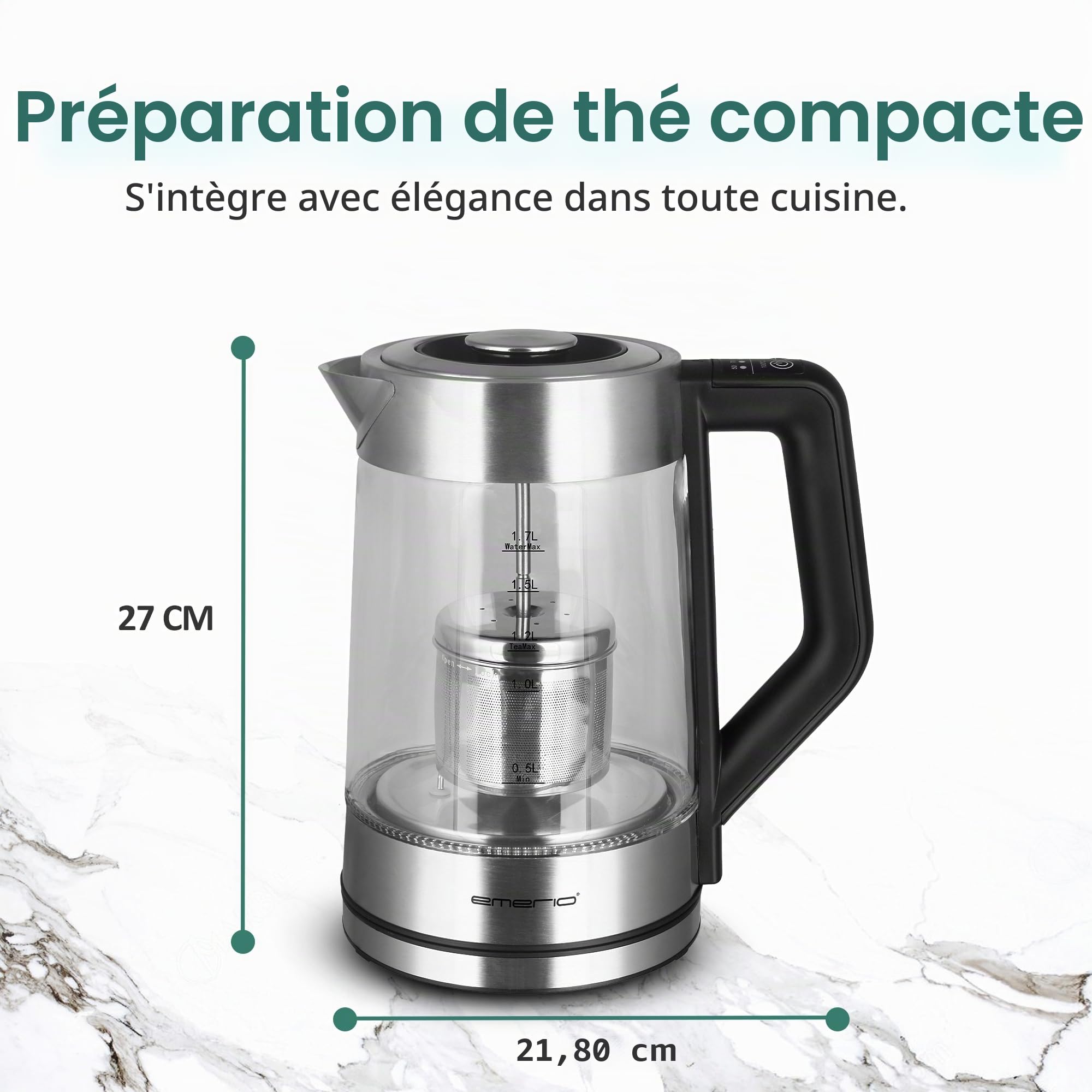 Emerio WK-122730 Bouilloire en verre avec sélection de température [50|70|80|90|100 °C], bouilloire bouilloire manuelle en acier inoxydable amovible, verre borosilicate, volume 1,7 l, 2200 W, argent