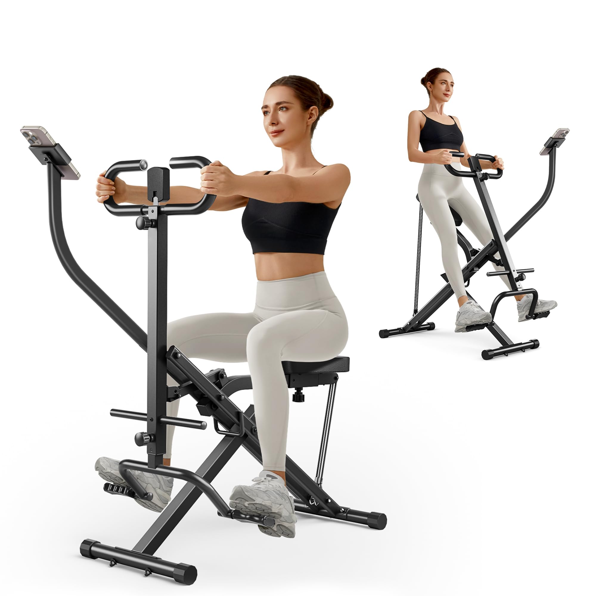 UMAY Squat Machine with Phone Holder, Foldable Exercise Equipment for Home, Squat Rowing Machine with 3 High-Strength Resistance Band, Squat Assist Trainer for Arm, Glute & Leg Workout (Black)