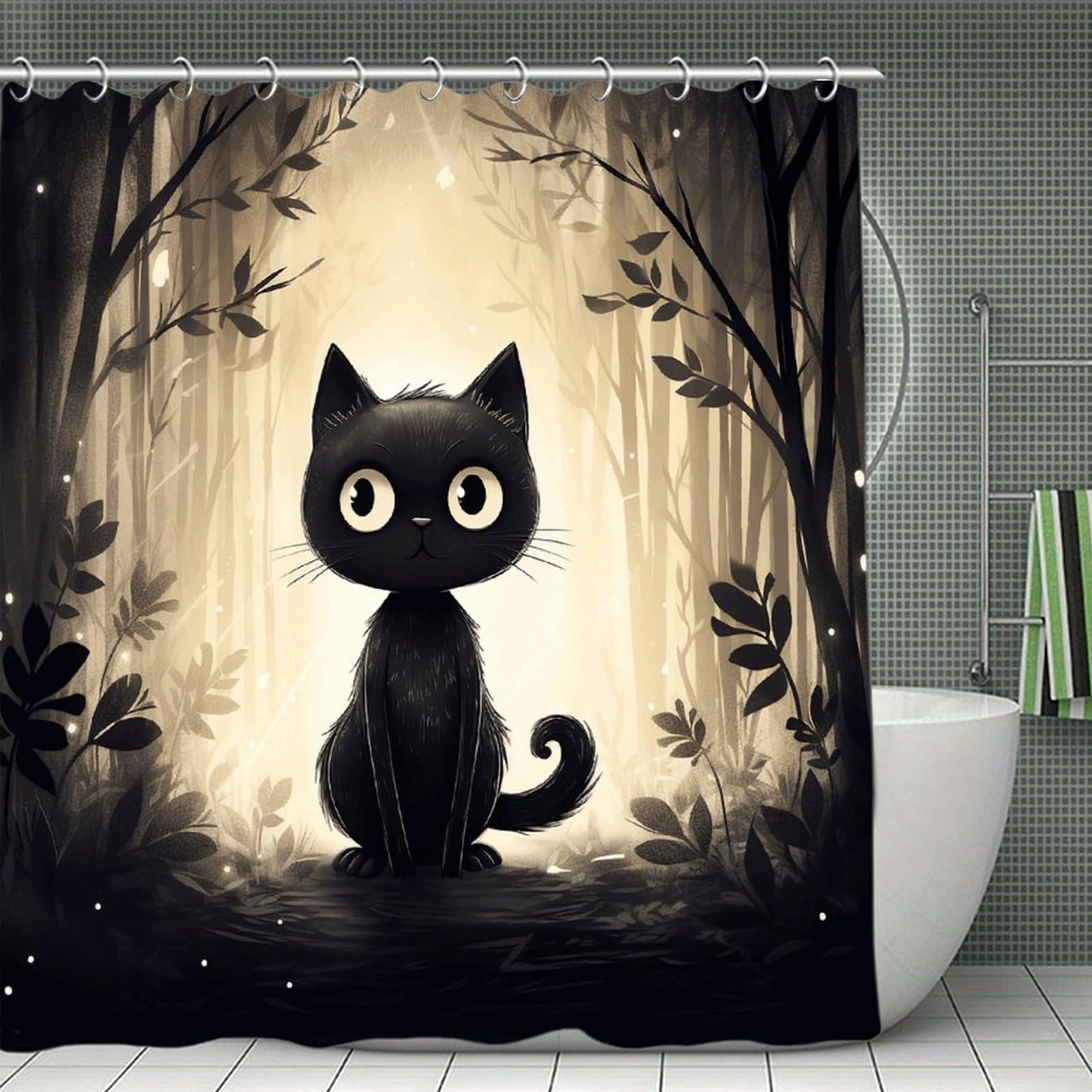 FekiLoot Hand Drawn Black Cat Shower Curtain Minimalist Aesthetic Bath Curtain with Hooks Simple Water Resistant Bathroom Shower Curtains Cute Blackout Privacy Curtains Cloth Curtain