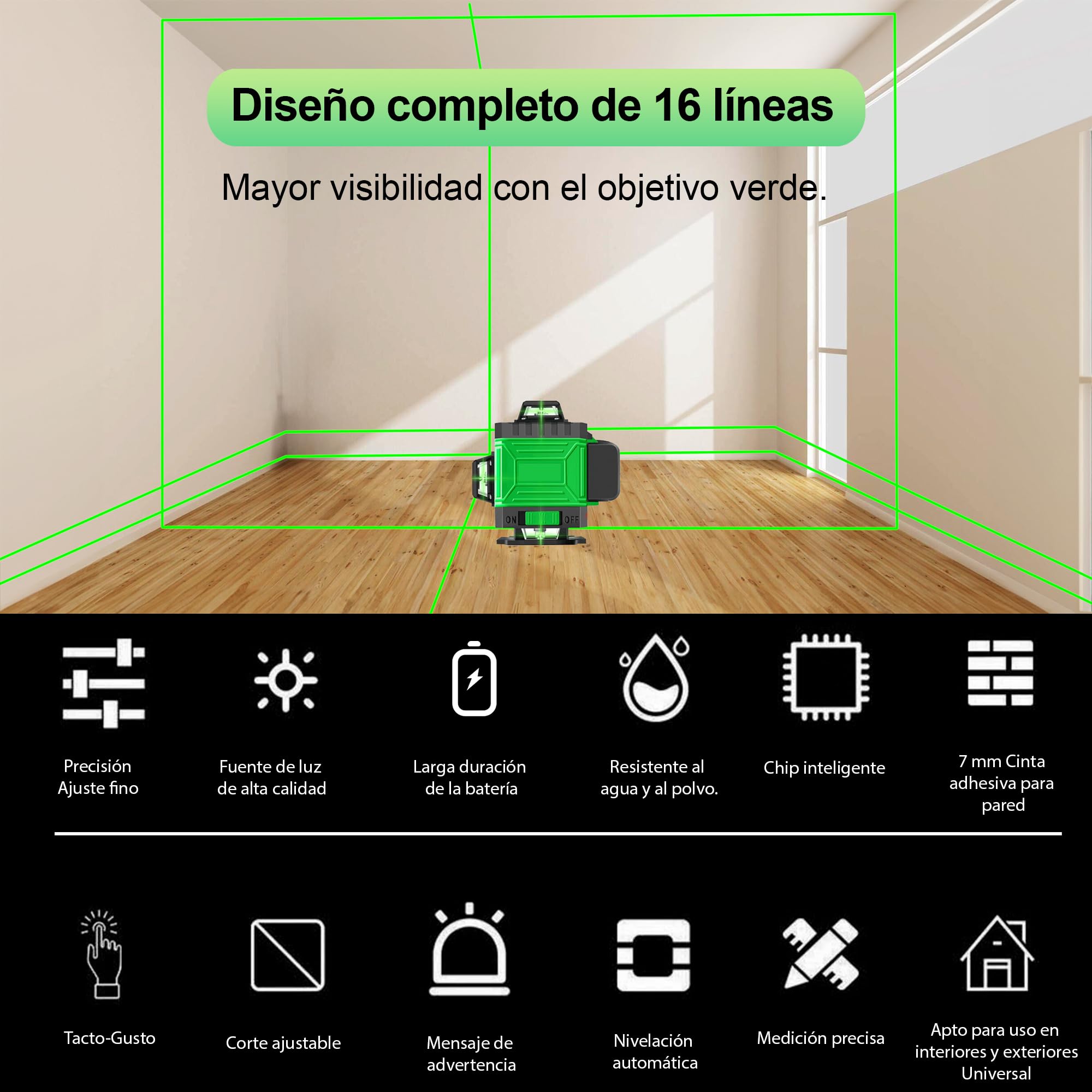 Nivel Laser Autonivelante 4 X 360°, Nivel Láser con Trípode, Laser Nivel Verde 4D 16 Líneas con 2 Baterías de 2400mAh, Base Magnético, Bolsa Portátil, IP54 Impermeable, para Interior y Obra (Verde)