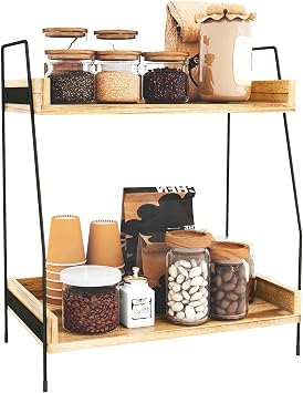 Coffee Station Organizer 2 Tier Coffee Bar Accessories Organiser Wooden Kitchen Counter Shelf Coffee and Tea Station Organizer Standing Coffee Station for Kitchen Home Office Brown