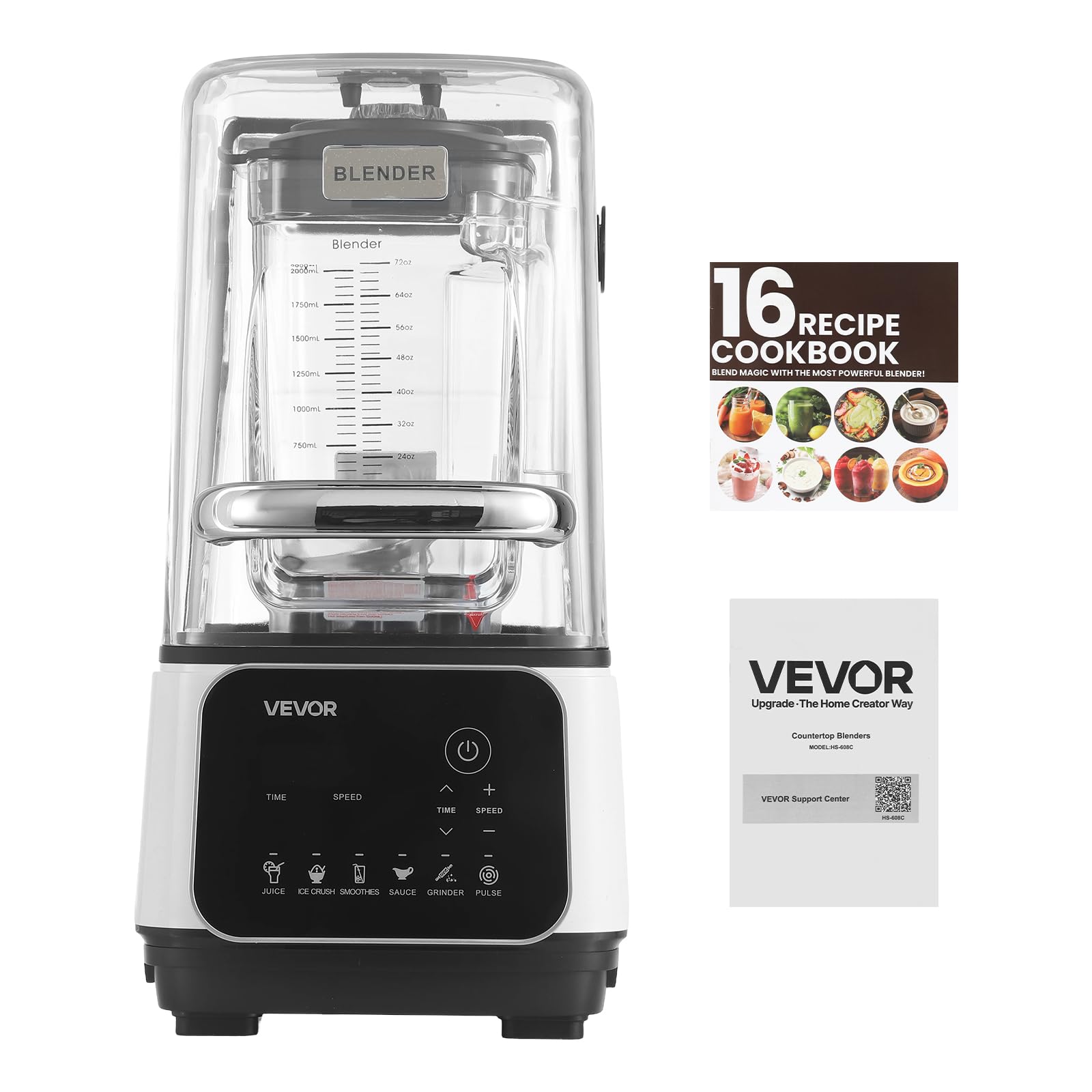 VEVOR Batidora de Vaso con Jarra de 2 L, Licuadora Profesional con Protector, 2200 W, 26000 RPM, Velocidad Ajustable, 6 Programas Preestablecidos para Batidos, Trituración de Hielo, Purés, Blanco