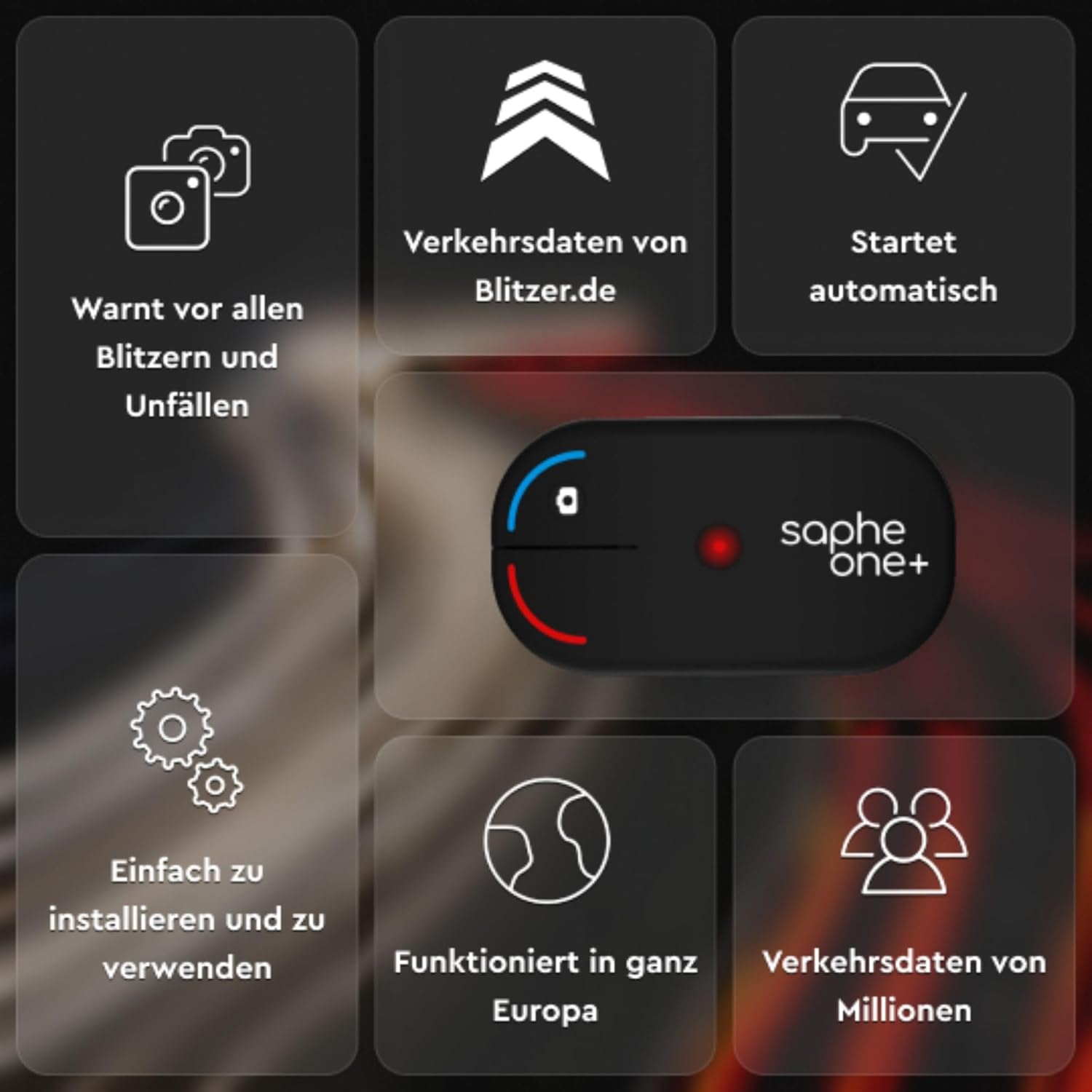 Close-up of the Saphe One+ device showing the two buttons for reporting: blue for speed cameras and red for accidents.