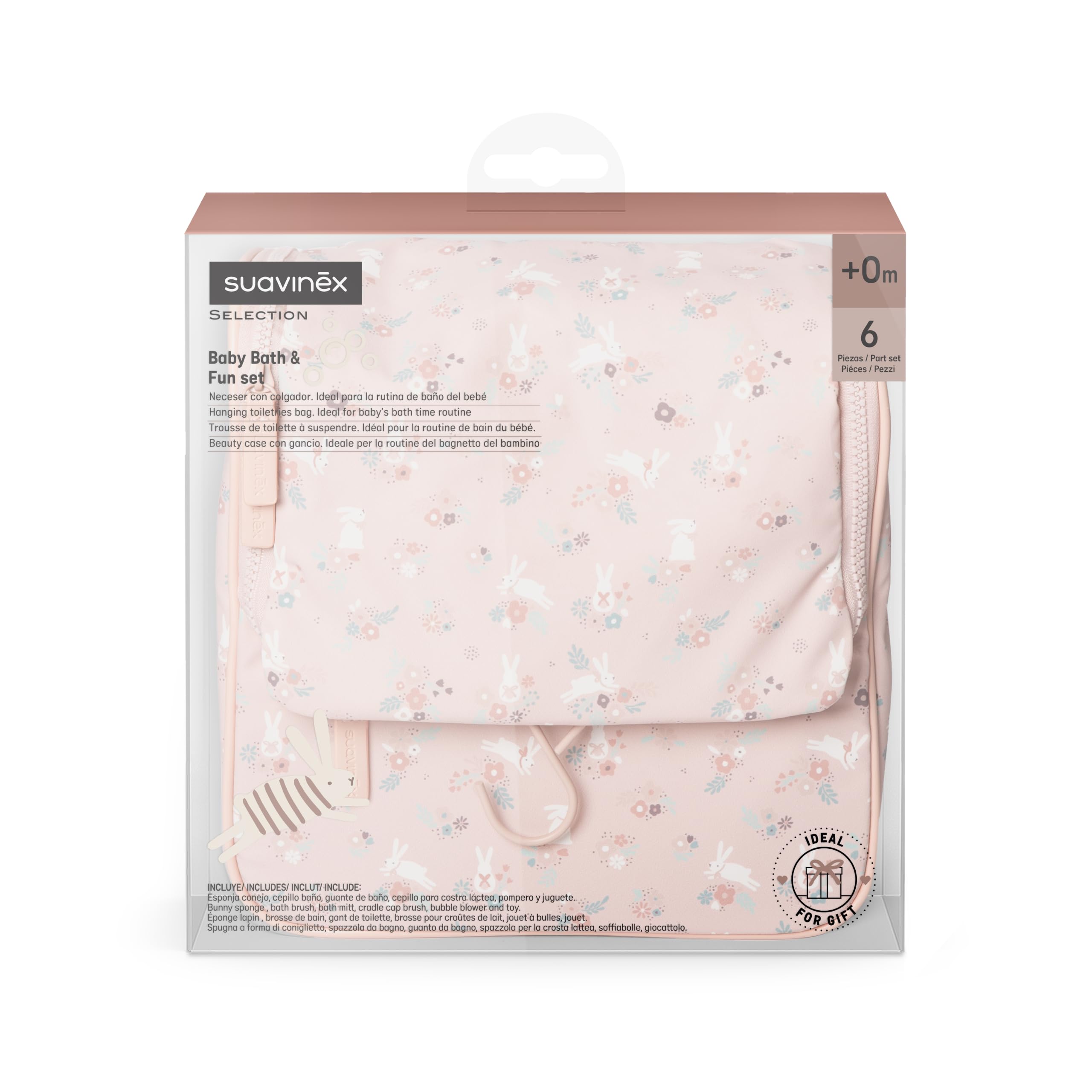 Suavinex, Kit Baño Bebé con Neceser, Set Higiene Recién Nacido, Rosa | Con: Esponja + Cepillos + Guante Baño + Pompero + Juguete. Con Bolsillos, Cremalleras, Espejo y Colgador, Gran Capacidad