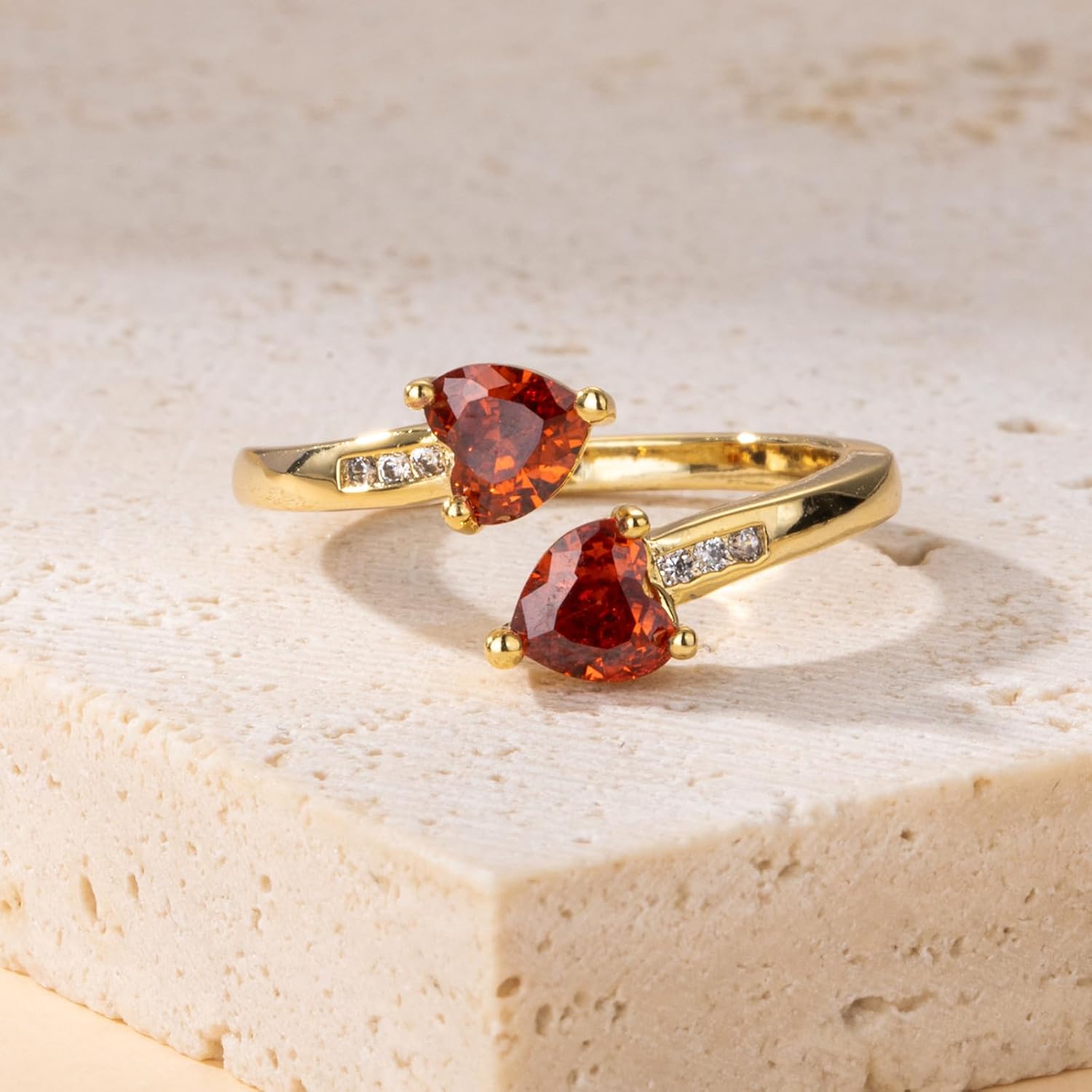 1CT Adjustable Women Heart Ring 14K Gold Plated Birthstone Rings for Women Promise Ring for her Simulated Gemstone Statement Stackable Band Width 2mm Open Size 5~9 - Image 3