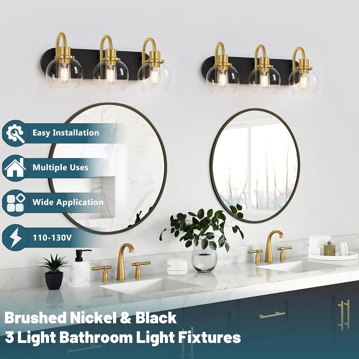 Dpyrrhic Modern 3-Light Vanity Light, Bathroom Lighting Fixture Over Mirror With Clear Glass Shade and Metal Base, Wall Sconces in Matte Black and Gold
