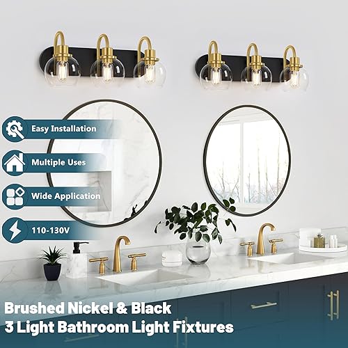 Miniatura 5 de Moderna lámpara de tocador de 3 luces, accesorio de iluminación de baño sobre espejo con pantalla de vidrio transparente y base de metal, apliques