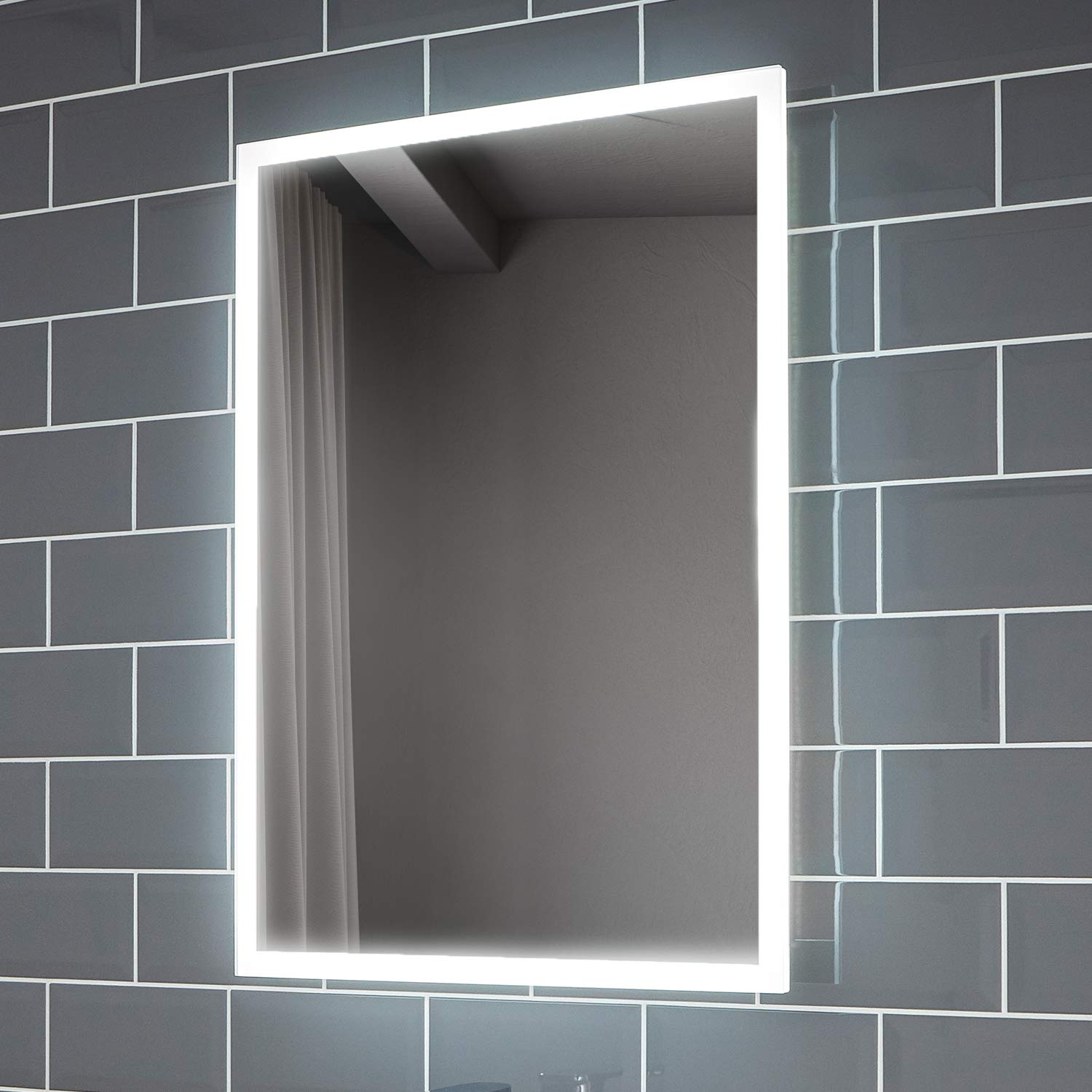 Pebble Grey Illuminated Bathroom Mirror with Lights 500x700mm IP44 Rated - Diaz LED Bathroom Mirror with Shaver Socket, Demister Pad, & Motion Sensor, Shaver Lights for Bathrooms, Wall-Mounted Mirrors