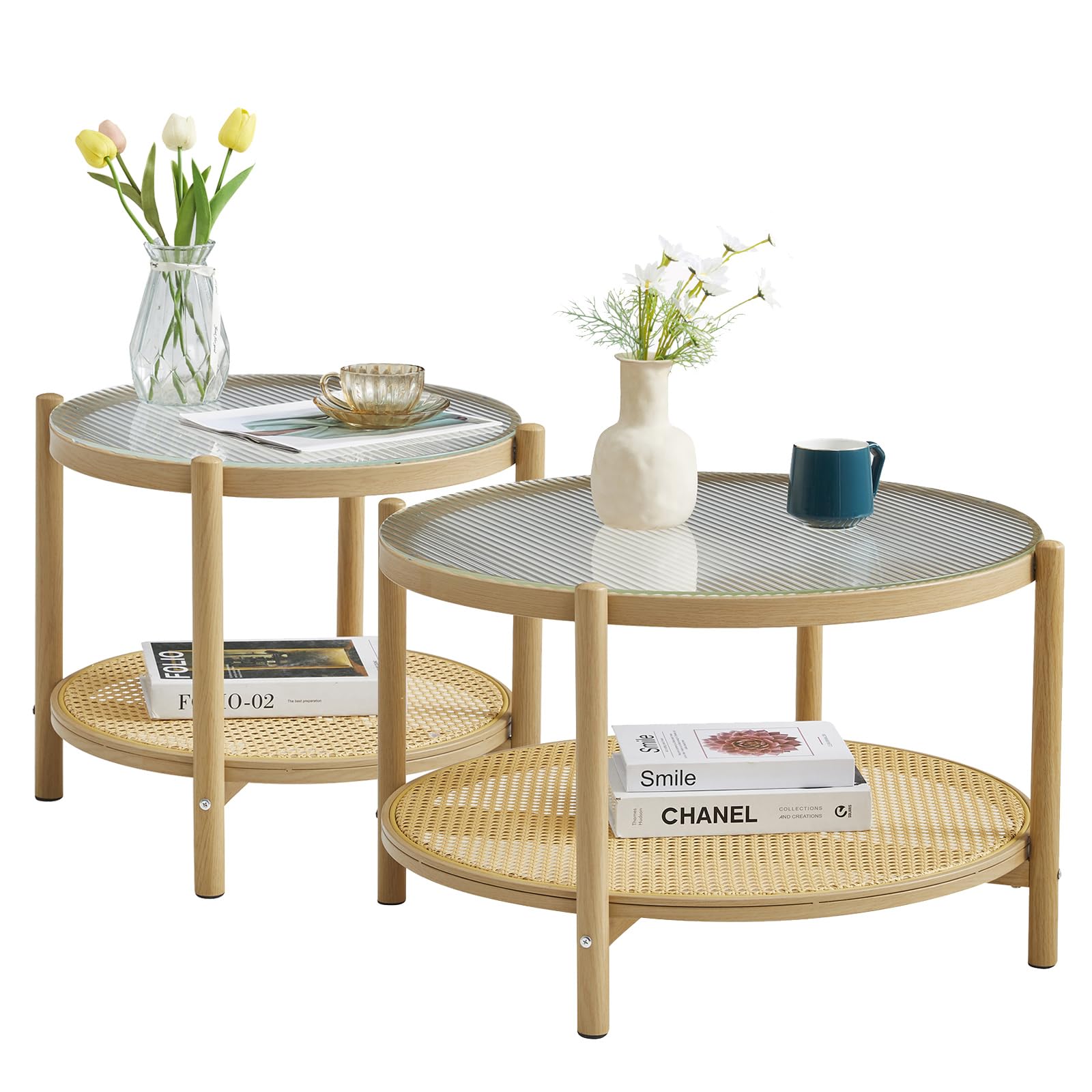 COSVALVE Boho Rattan Coffee Table Set of 2, Round Glass Metal Center Table, Modern Simple 2 Tier Middle Table for Small Space Living Room Bedroom Office Meeting Room