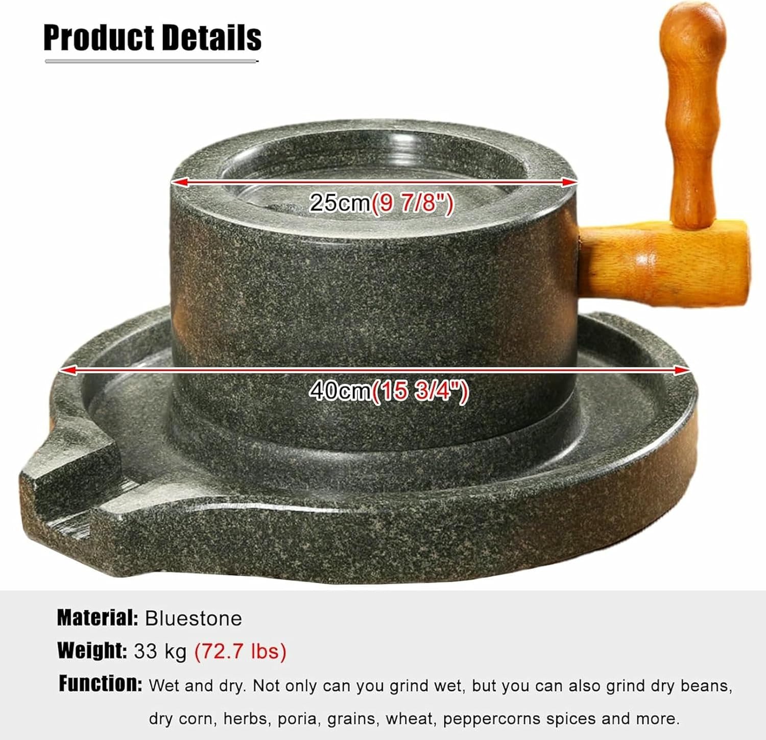 Large Dry Wet Grain Stone Mill, Classic Hand Bluestone Mill for Bean/Rice/Barley/Corn/Sesa,Mill