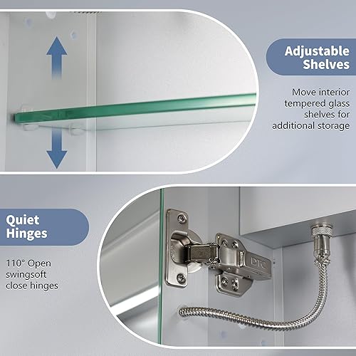 Miniatura 7 de ComfyStyle Botiquín de baño con iluminación LED con espejo, 36 x 30 pulgadas, botiquín empotrado o de superficie, esquina redondeada, desempañado,