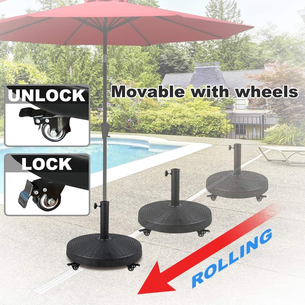 COBANA Patio Umbrella Base, Heavy-Duty Stand Resin Weights with Wheels for Outdoor Market Umbrella, 52lbs, Black