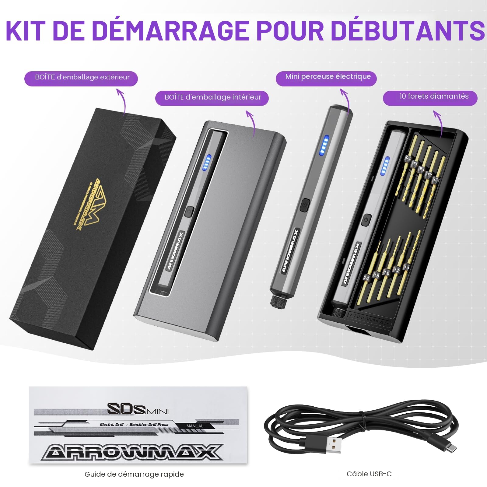 ARROWMAX Mini stylo de perceuse électrique, 13 en 1 avec étui en aluminium, rechargeable, 800 tr/min, kit de perceuse à main, 10 embouts HSS, bricolage, bois, fabrication de bijoux (SDS MINI)