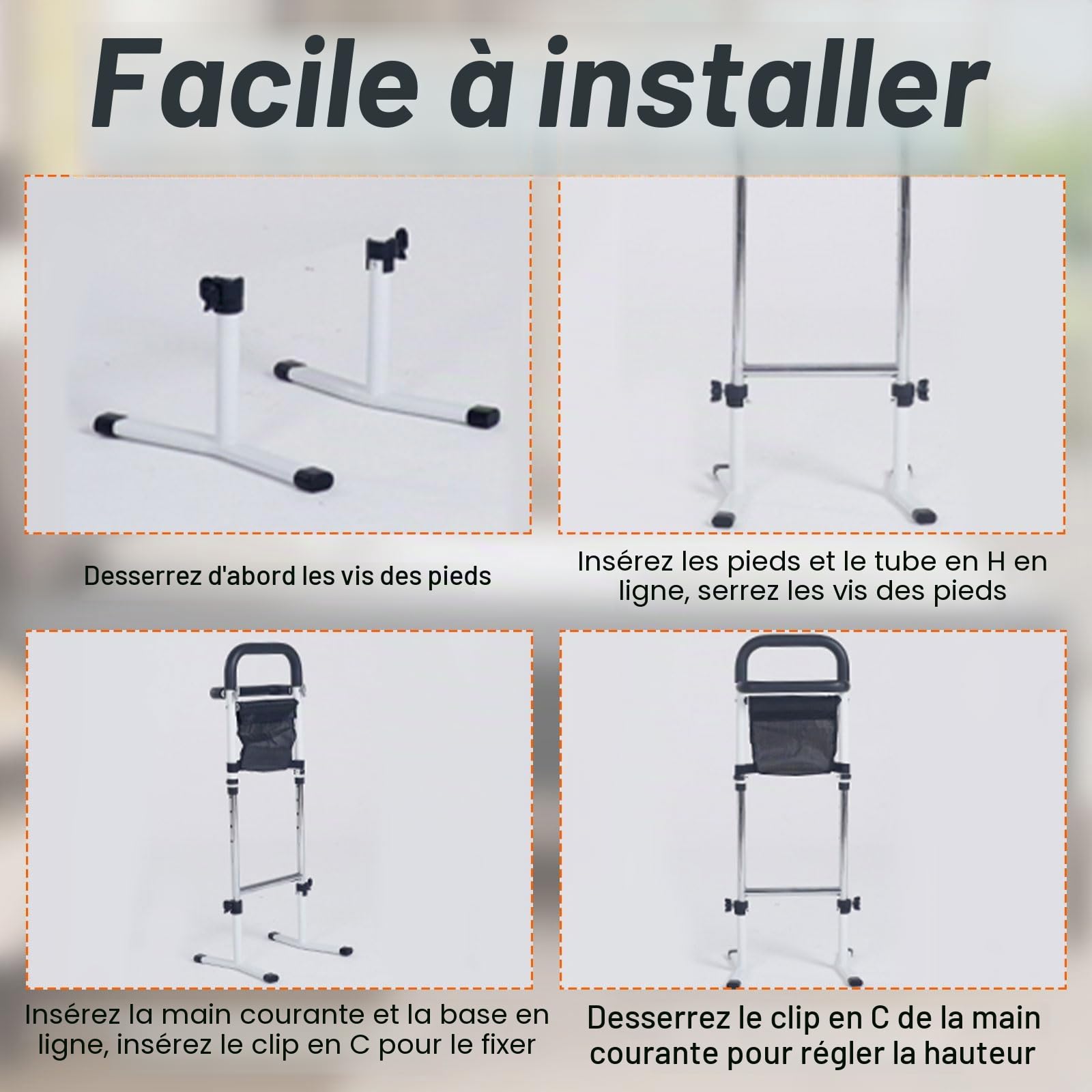 Barriere de Lit Adulte,Potence de Lit avec Potence 5 Niveaux Réglable(72 à 87cm),Aide à la Station Debout pour Personne âgée avec accoudoirs latéraux,Aide à la mobilité et au Quotidien,Capacité 150kg