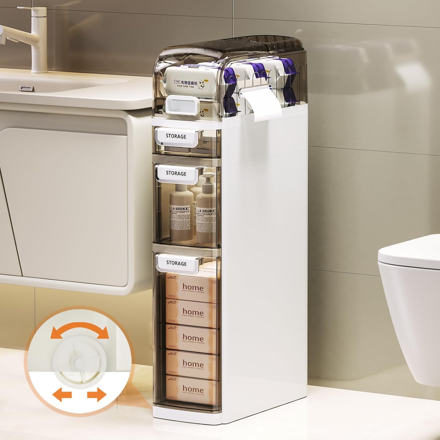 Assembly-Free 4 Tier Slim Bathroom Storage Cabinet, Narrow Bathroom Floor Cabinet with Toilet Paper Storage, Movable Freestanding Bathroom Organization with Drawers for Small Space, Kitchen, Laundry 3+1 Tiers (30.7"H?