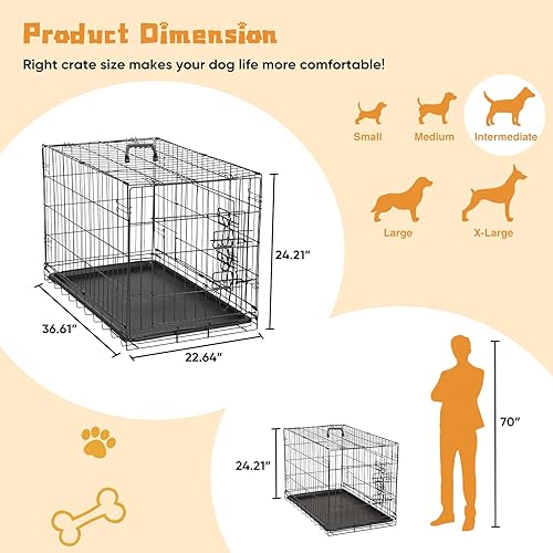 Miniatura 2 de DUMOS Jaula para perros, jaula mediana de doble puerta de 36 pulgadas con panel divisor y bandeja de plástico a prueba de fugas, perrera plegable de