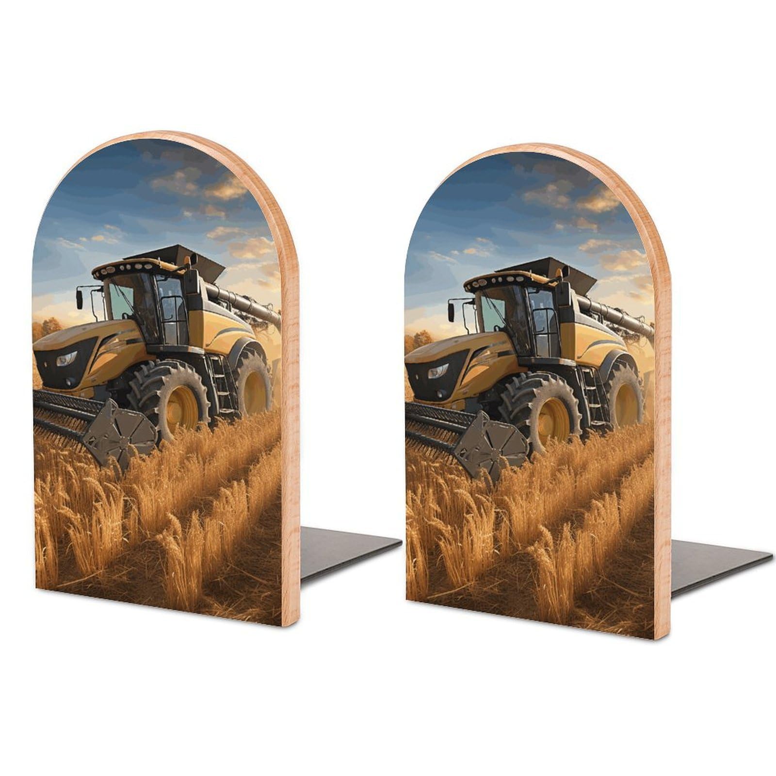 Farm Tractor Harvest Book Ends for Shelves - 2 Pack Handmade Wooden Bookends with Metal Base, Sturdy Book Holder for Heavy Books Modern Decorative Book Stopper for Home Office