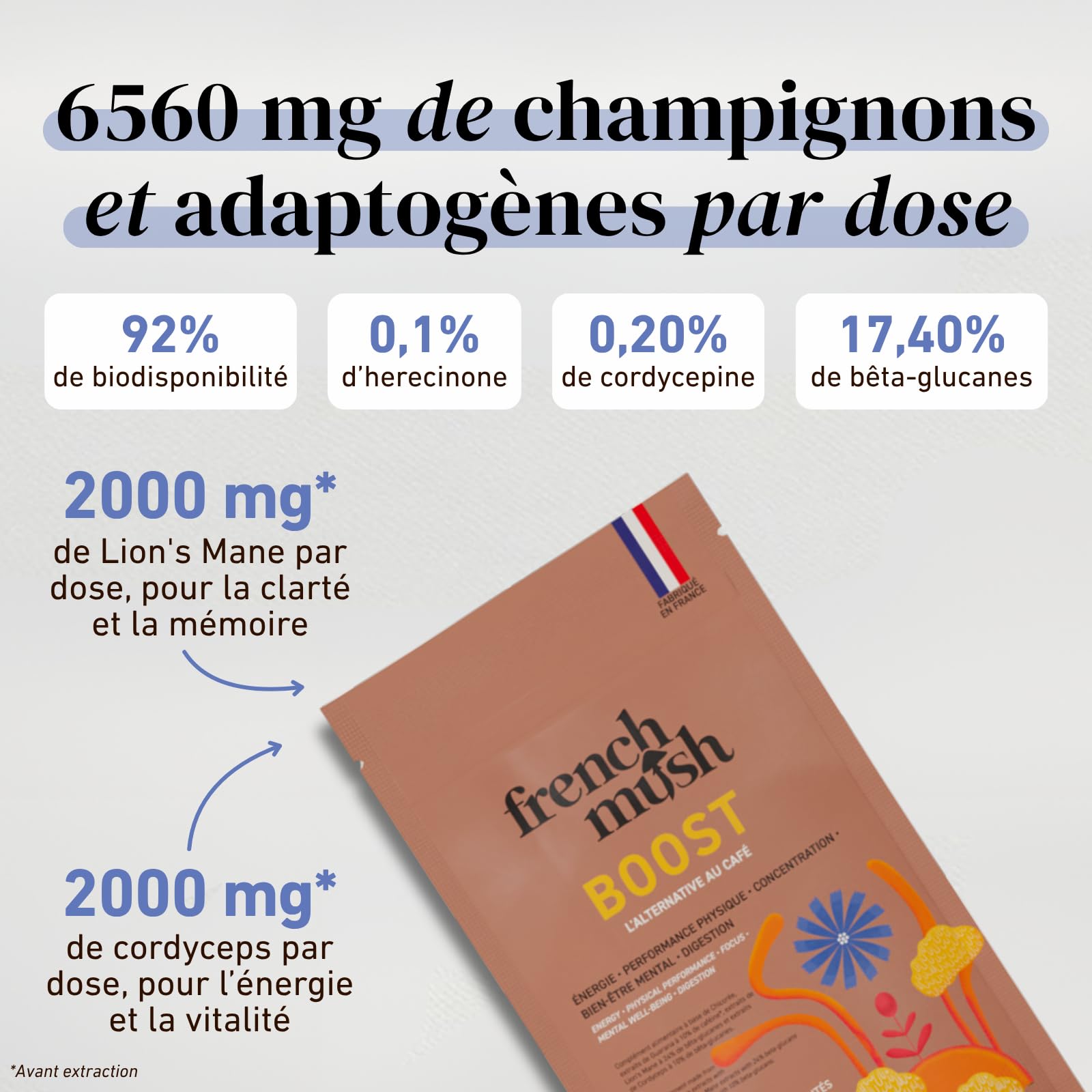 French Mush BOOST - Alternative Café aux Champignons Adaptogènes Bio : Lion’s Mane & Cordyceps - Focus, Énergie & Digestion - Alternative Végétale au Café Soluble - Fabriqué en France - 20 Doses