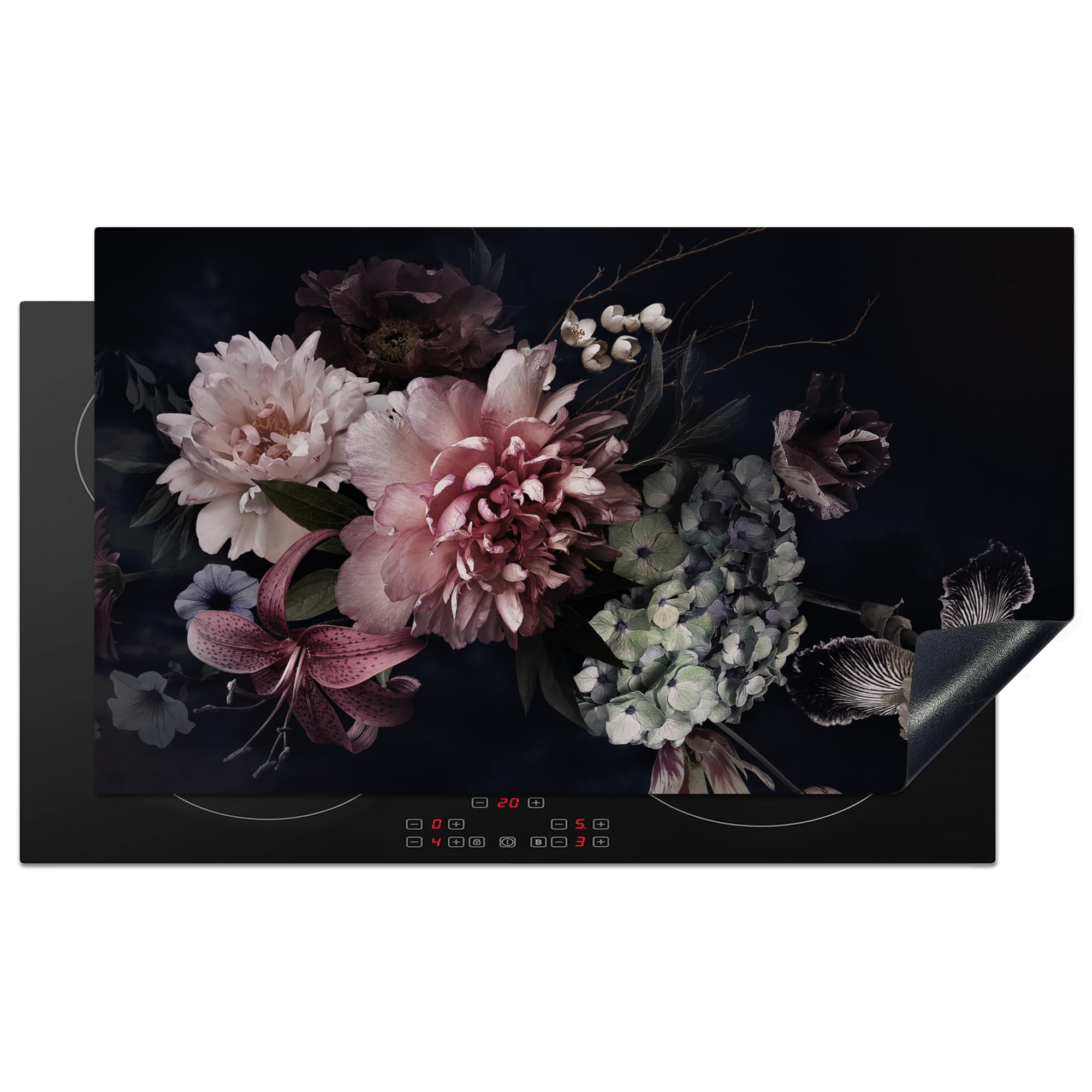 KitchenYeah© Induction Hob Cover Protector Mat 20.5"x35.9" / 91.2x52 cm Kitchen Universal Ceramic Covers for Electric Cookers Vinyl Flowers - Vintage - Pastel - Pink - White — image 1