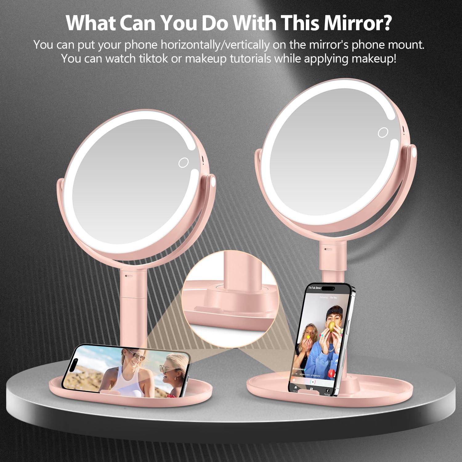 MIYADIVA Specchio per il trucco con luci, specchio ingranditore 20X con luce e interruttore touch, specchio cosmetico con luce a 3 colori e 80 LED, specchio da scrivania regolabile in altezza con luce