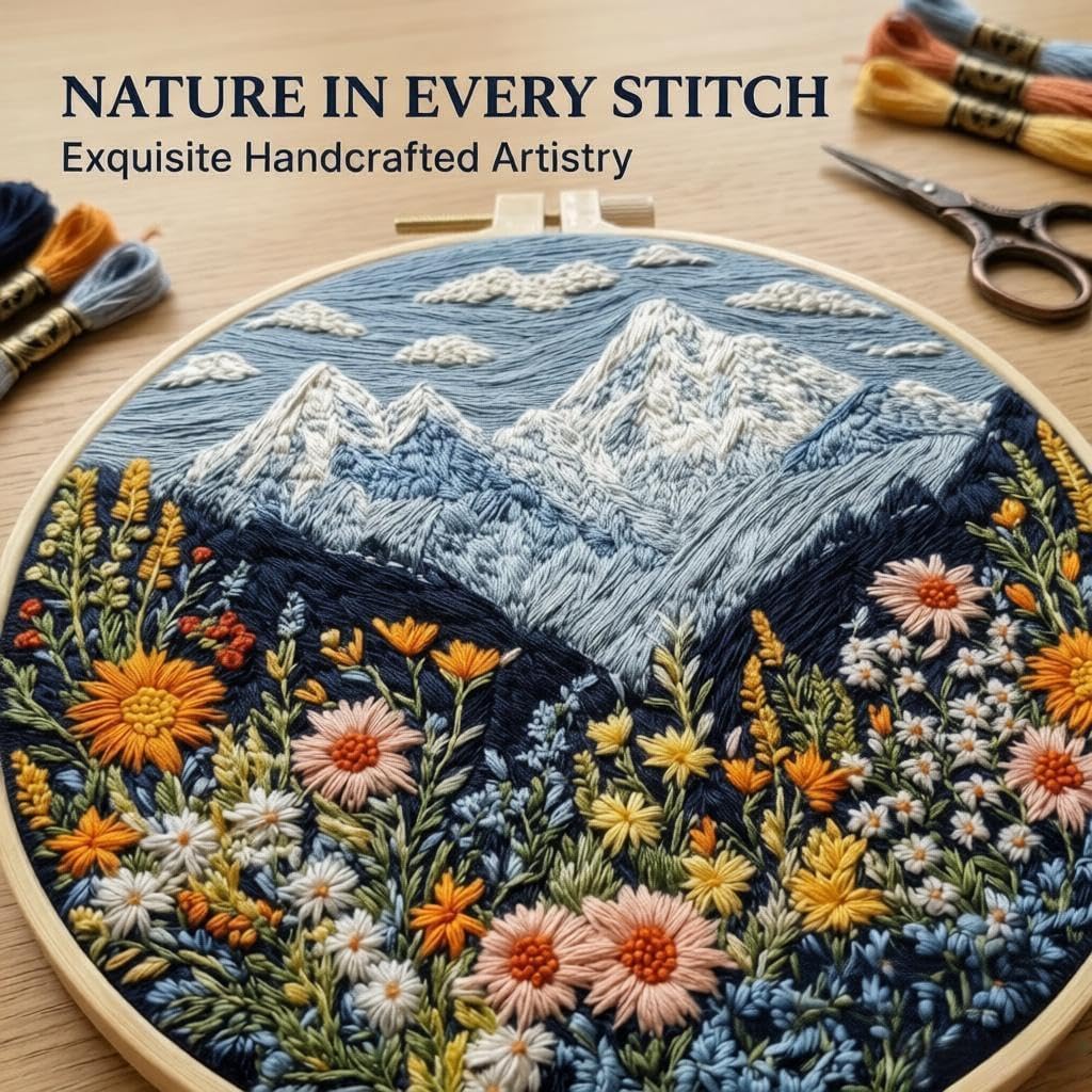 Beudh Craft 6 Sets Embroidery Starter Kit for Beginners, Cross Stitch Kits Including Mountain Peak & Meadow Field Patterns, 1 Embroidery Hoops, Color Threads, Needles and Instructions