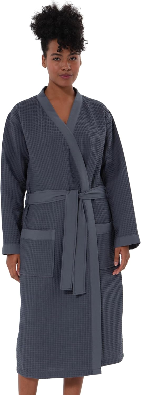 SEYANTE Women's Organic Cotton Waffle Kimono, Hooded Robe – GOTS Certified Lightweight Full-Length Spa Bathrobe with Piping