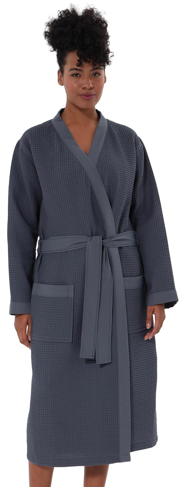 SEYANTE Womens Organic Cotton Waffle Kimono Hooded Robe GOTS Certified Lightweight Full-Length Spa Bathrobe with Piping
