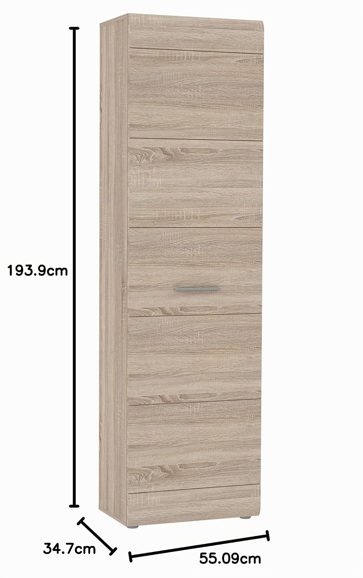 FORTE COMBINO SPEZIAL Schrank 55, Kleiderschrank klein Flurschrank schmal Garderobenschrank 1-türig mit Einlegeboden und Kleiderstange, Holzdekor: Sonoma Eiche, 55 cm breit x 194 cm hoch x 35 cm tief