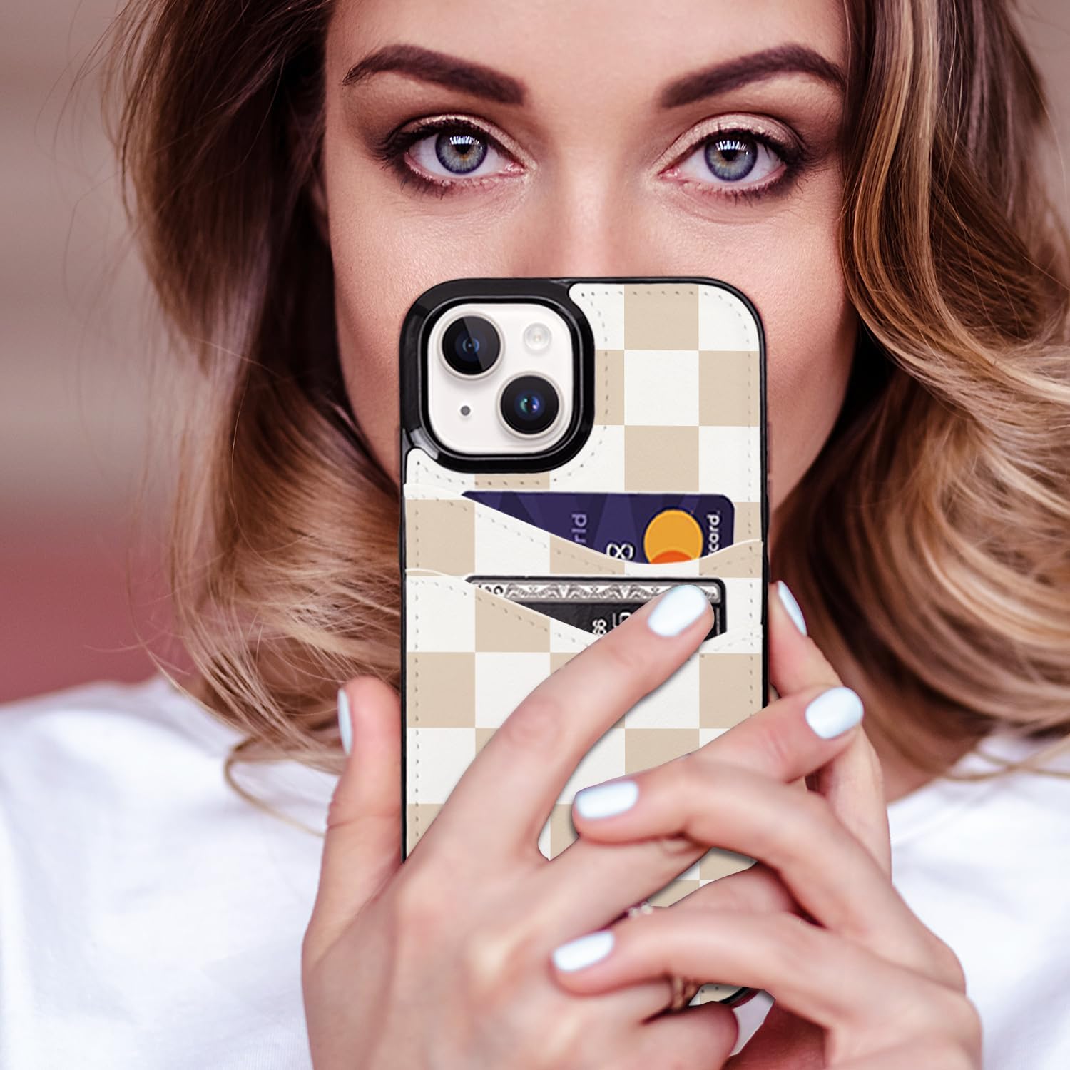 for iPhone 13/14/15 Case with Card Holder Soft Leather Wallet Case Protective Shockproof Hard Cover for Women Man (Checkerboard) - Image 7