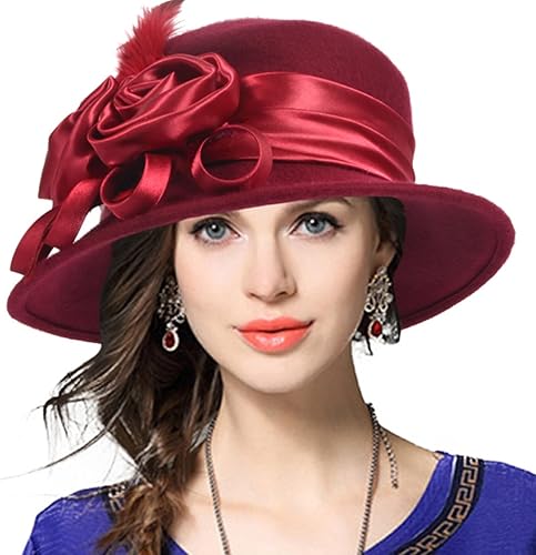 VECRY Sombrero de lana para mujer, sombrero de fieltro plumy, sombrero de invierno