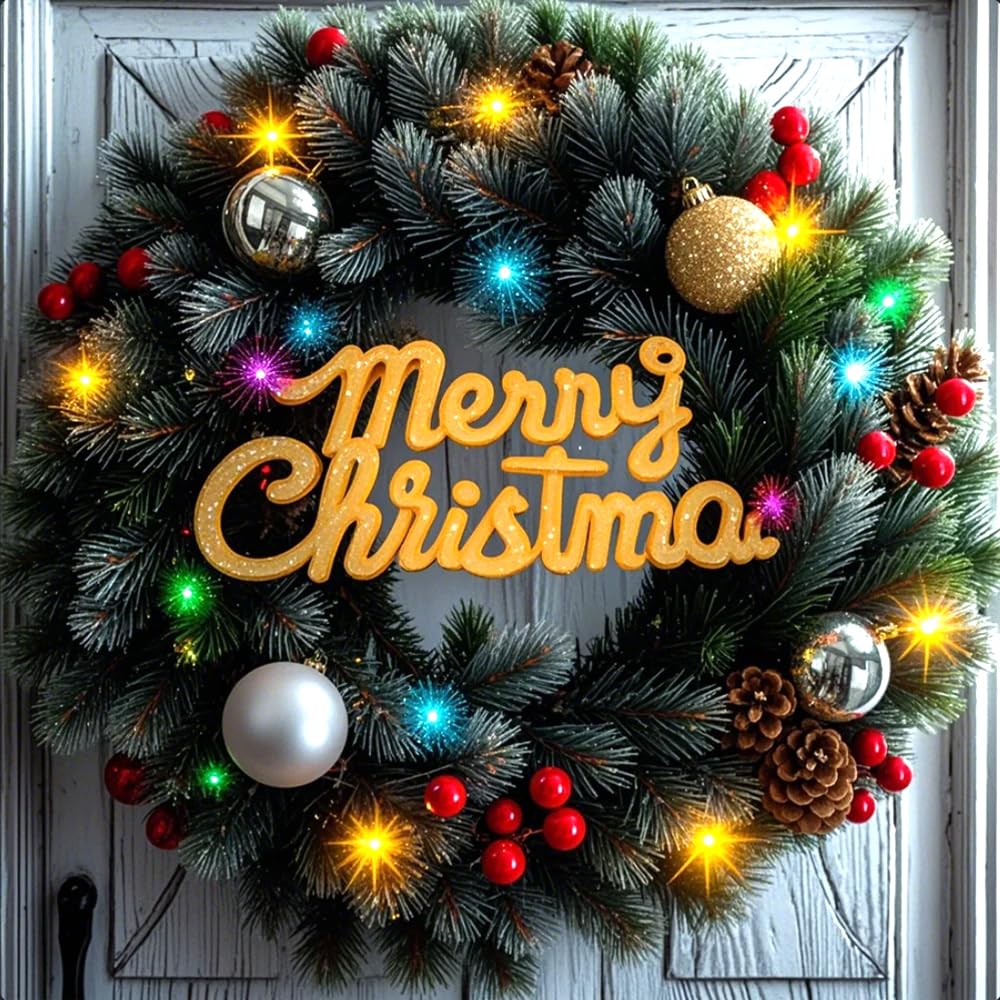 Coronas de Navidad,Corona de Navidad para Puerta,Corona de Navidad con piñas de Abeto,Guirnalda de Acción de Gracias Decoraciones Adorno,Decorar Chimeneas Puertas y Esperar 35CM(Green Gold)