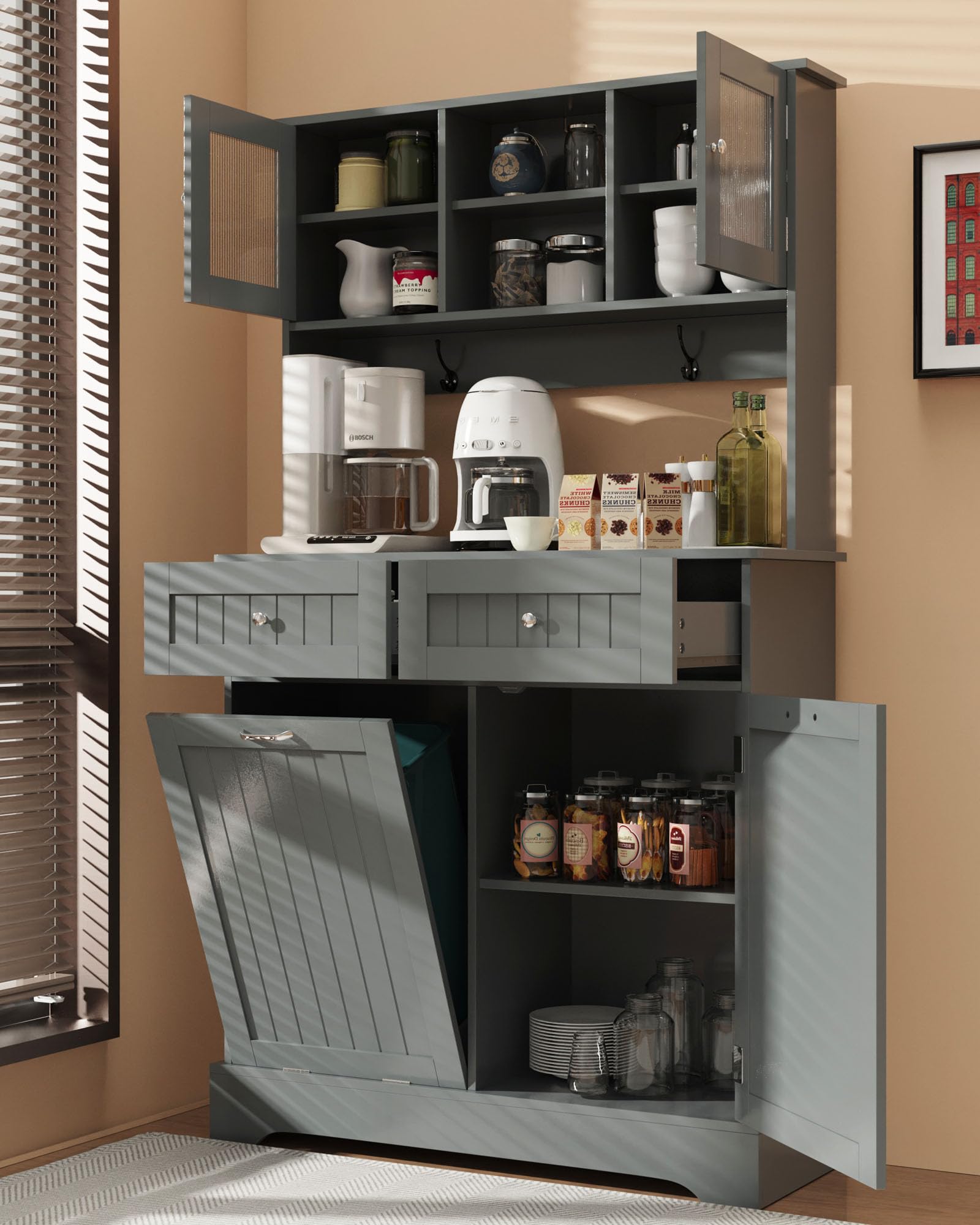 YOCONYO Tilt Out Trash Cabinet,Storage Cabinet,Two Solid Wood Hideaway Trash Holder Drawers,Wooden Freestanding Recycling Cabinets,Trash Can for