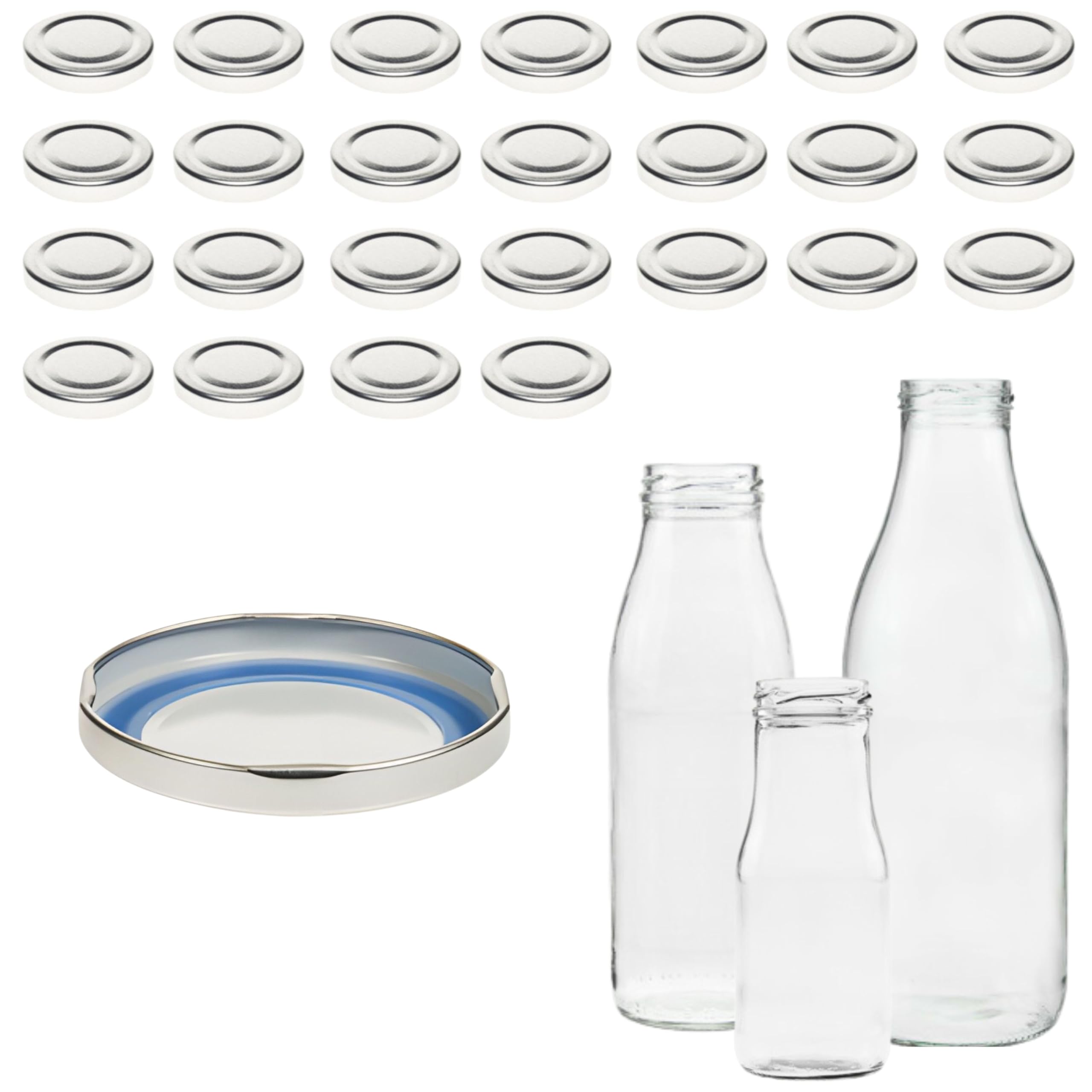 mikken Blueseal 25 Glass Bottles TO48 / 5 cm - BPA/PVC Free Twist-Off Replacement Lid Screw Lid for Milk Bottles and Juice Bottles Colour Silver