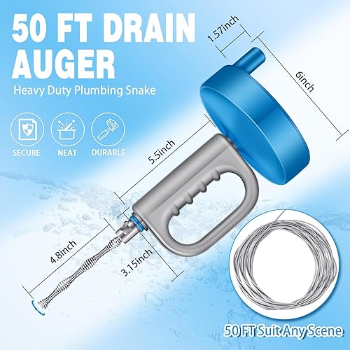 Miniatura 2 de Barrena de drenaje de 50 pies para fontanería, serpiente, fregadero de cocina, removedor de obstrucciones, herramienta de limpieza manual flexible