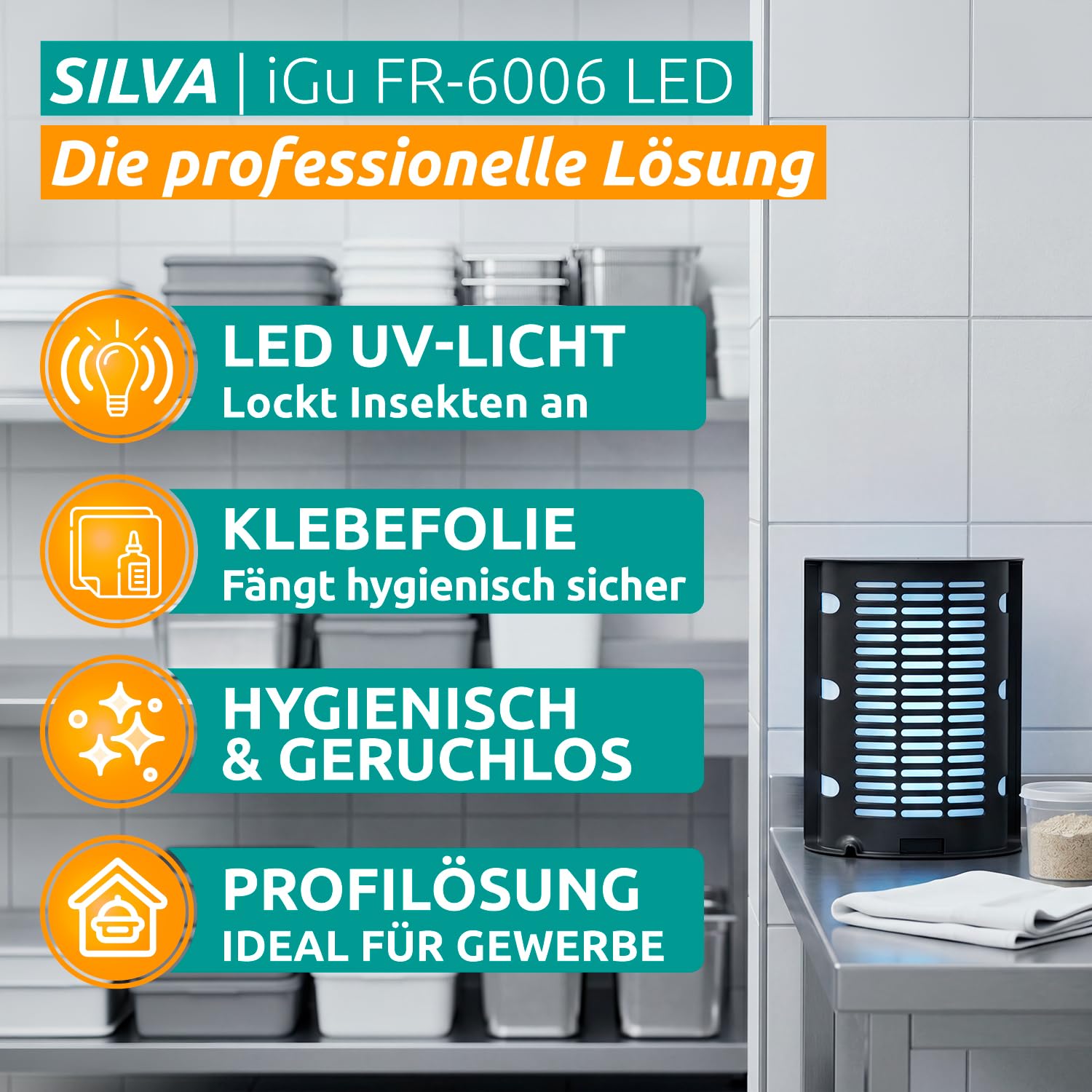 iGu FR 6006 LED UV-Fliegenfalle für Gewerbe, Produktion und Lagerhallen | Professionelles Hochleistungsgerät · elektrische Fliegenfalle mit Klebefolie · Insektenvernichter · geräuschlos · wartungsarm