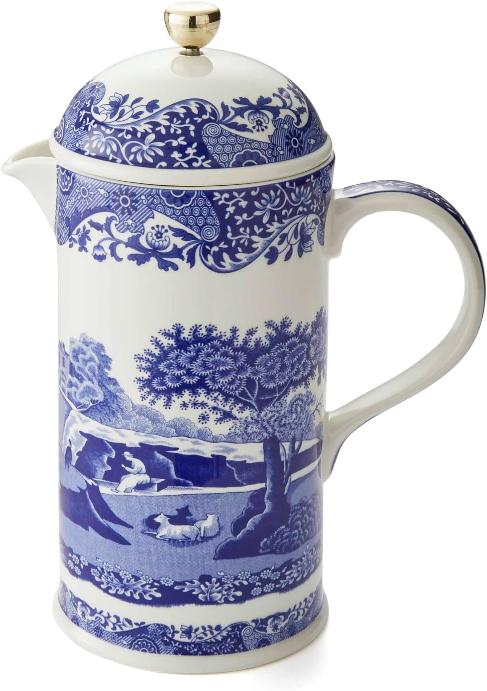Blue Italian French Press | 28-Ounce Capacity | Espresso, Coffee, and Tea Maker | Porcelain Cafetiere | Stainless Steel Plunger | Dishwasher Safe (Blue/White)
