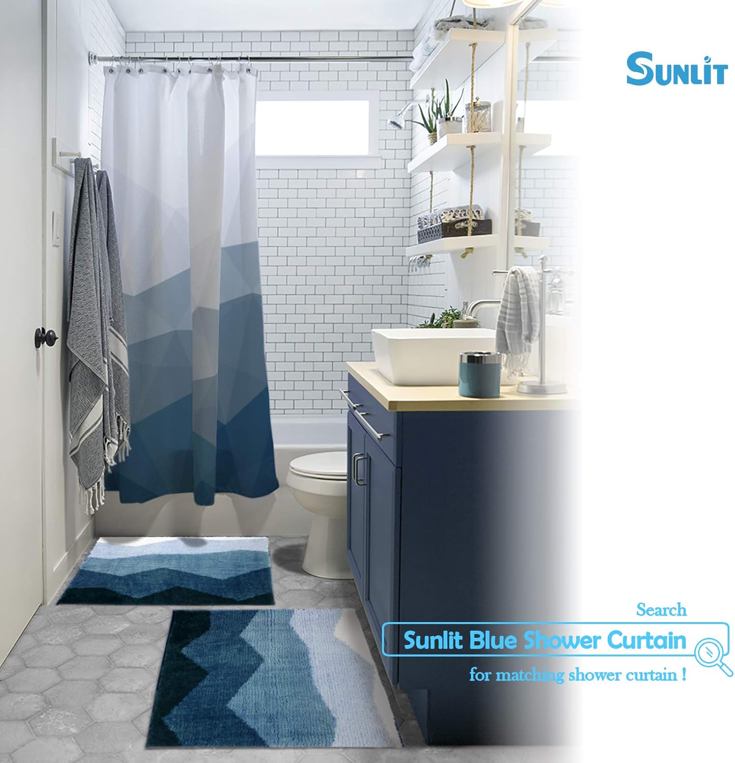 Sunlit 2 Pieces Bathroom Rugs Set, Ombre Blue Bathroom Rugs Non-Slip Absorbent Soft Bath Mat Set, Floor Mats Dry Fast Machine Washable (20"x30"&17"x24")