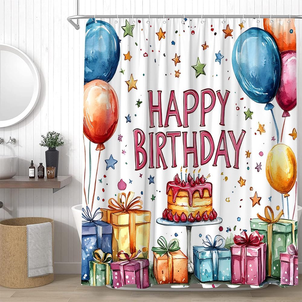 Happy Birthday Shower Curtain Birthday Party Background Bathroom Decor Curtains Set with Hooks, 70" W x 90" H