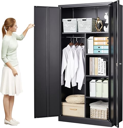 Miniatura 11 de MIIIKO Armario con 2 puertas, armario de metal de 72 pulgadas con barra para colgar, Armarios de dormitorio, cuarto de servicio y oficina, Negro