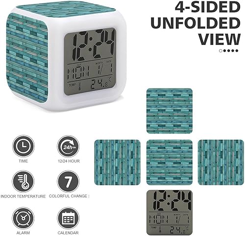 Miniatura 3 de Digital Alarm Clocks for Bedrooms - Retro Cyan Wood Grain Print Cute Led Small Nightstand Digital Clock for Classroom College Dorm with 7 Color