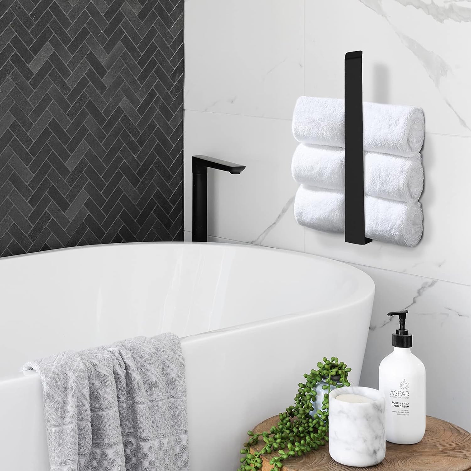 Aikzik Towel Rail, Towel Holder without Drilling, Aluminium Full Metal Tea Towel Holder for Bathroom and Kitchen, Matte Black