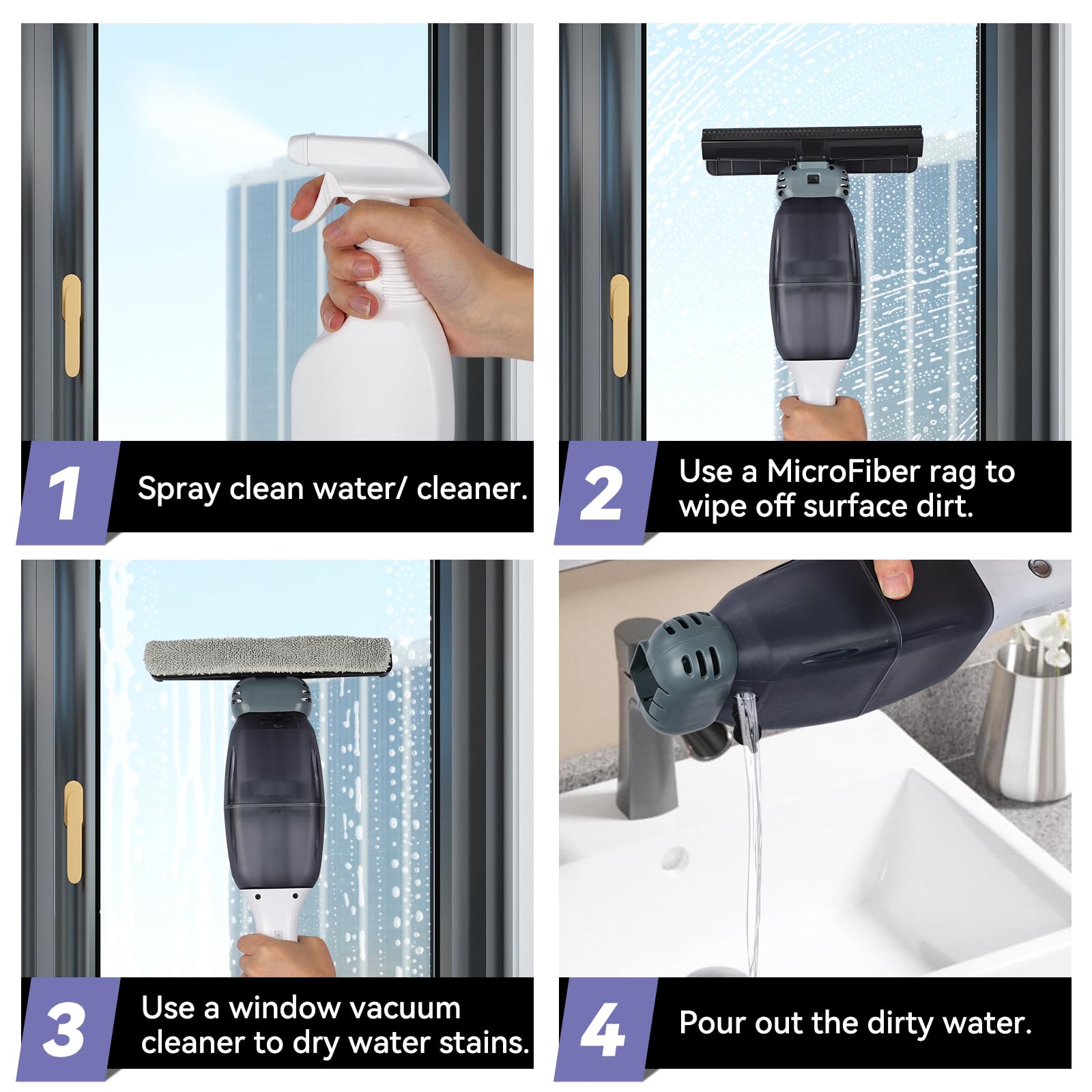 Nettoyeur Vitres Électrique sans Fil avec Manche Télescopique: 2000mAh, Raclette Vitre avec Pulvérisateur Intégré, Brosse Nettoyage 24cm pour Fenêtres Miroirs Carrelage