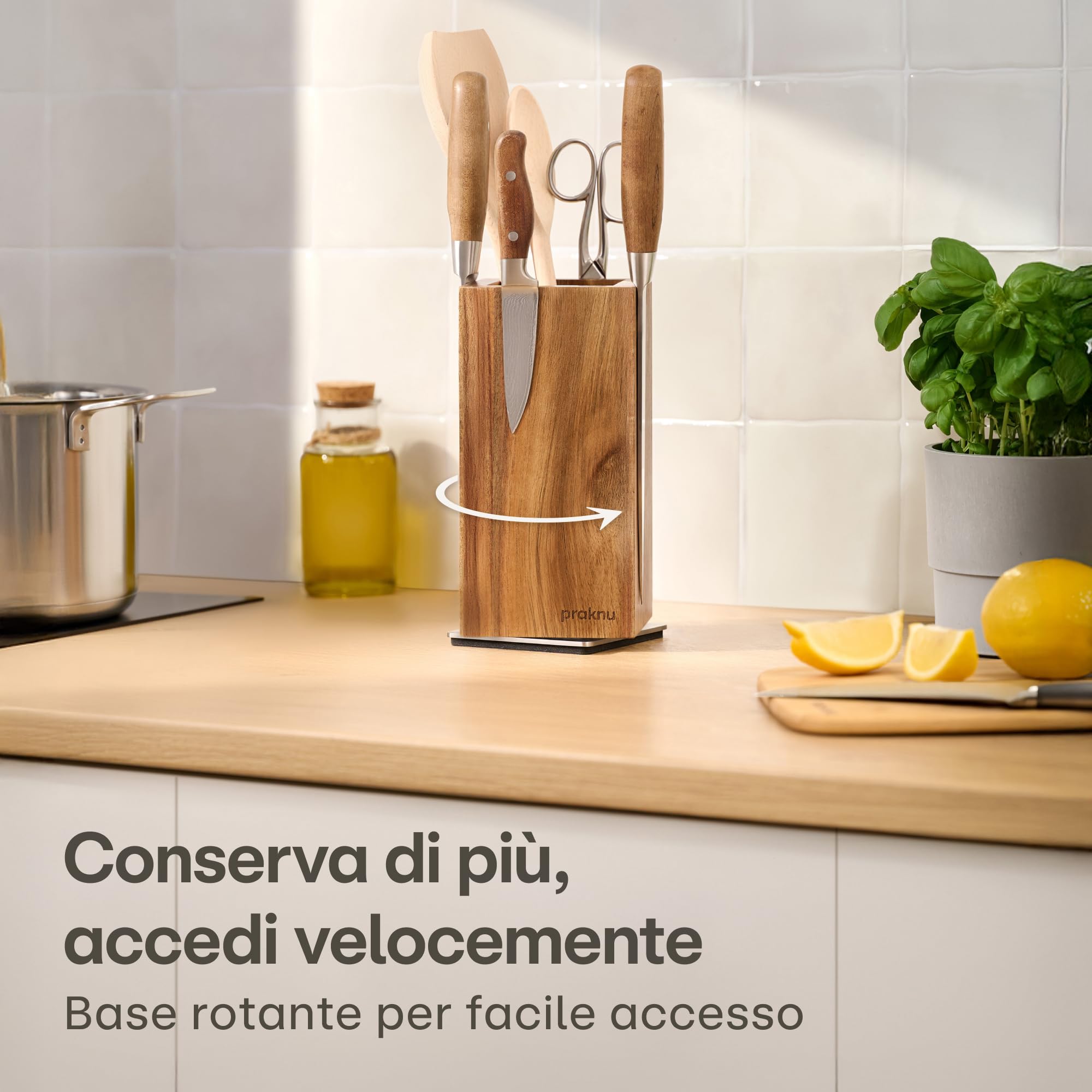 Praknu Ceppo Coltelli Magnetico - Girevole 360° Senza Coltelli - FSC® Legno di Acacia con Spazio per Utensili da Cucina - Forte Magnete su Entrambi i Lati - Antiscivolo