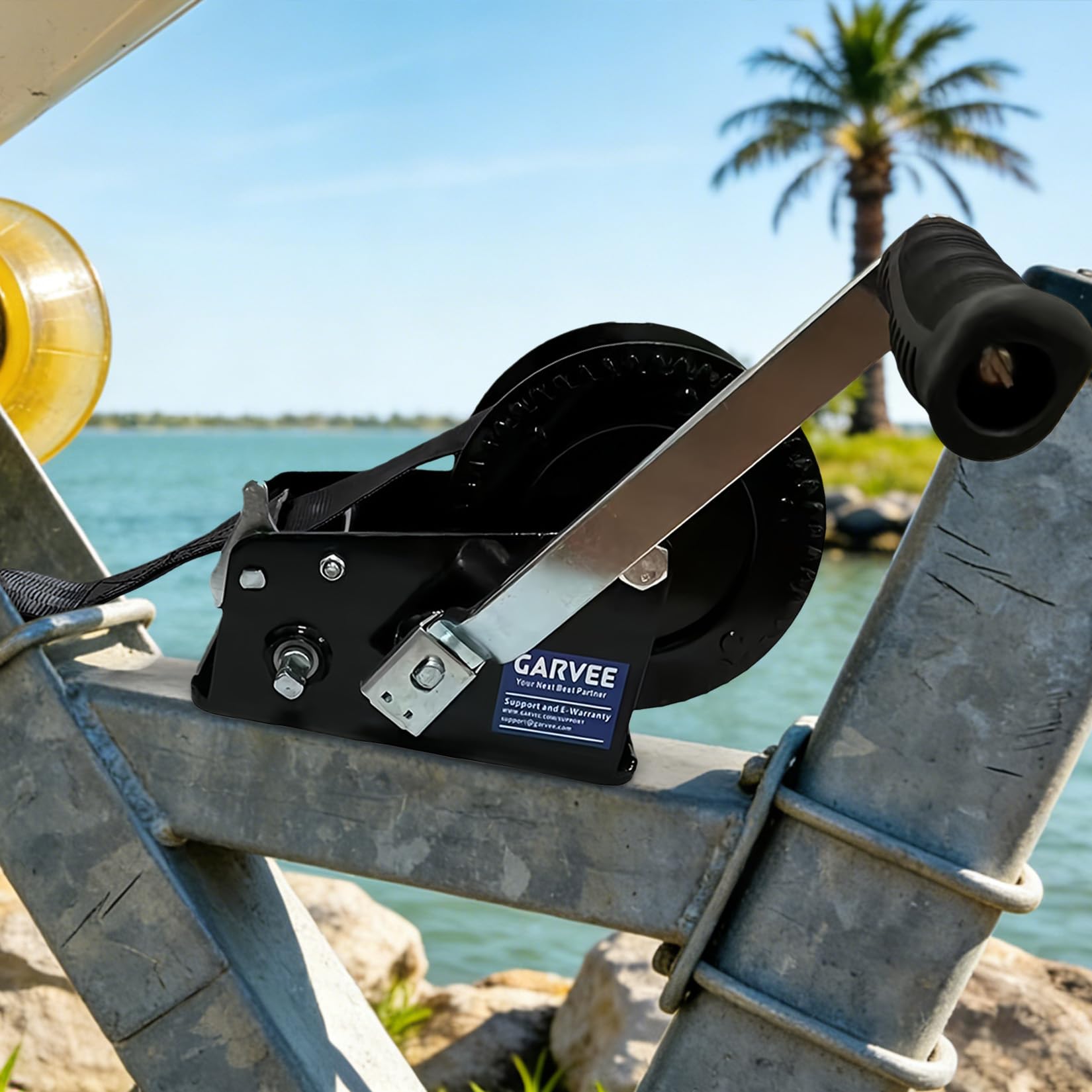 Garvee Cabrestante manual 1587 kg con cinta 10 m x 5 cm acero galvanizado doble velocidad 4:1 8:1 mango rápido, Negro