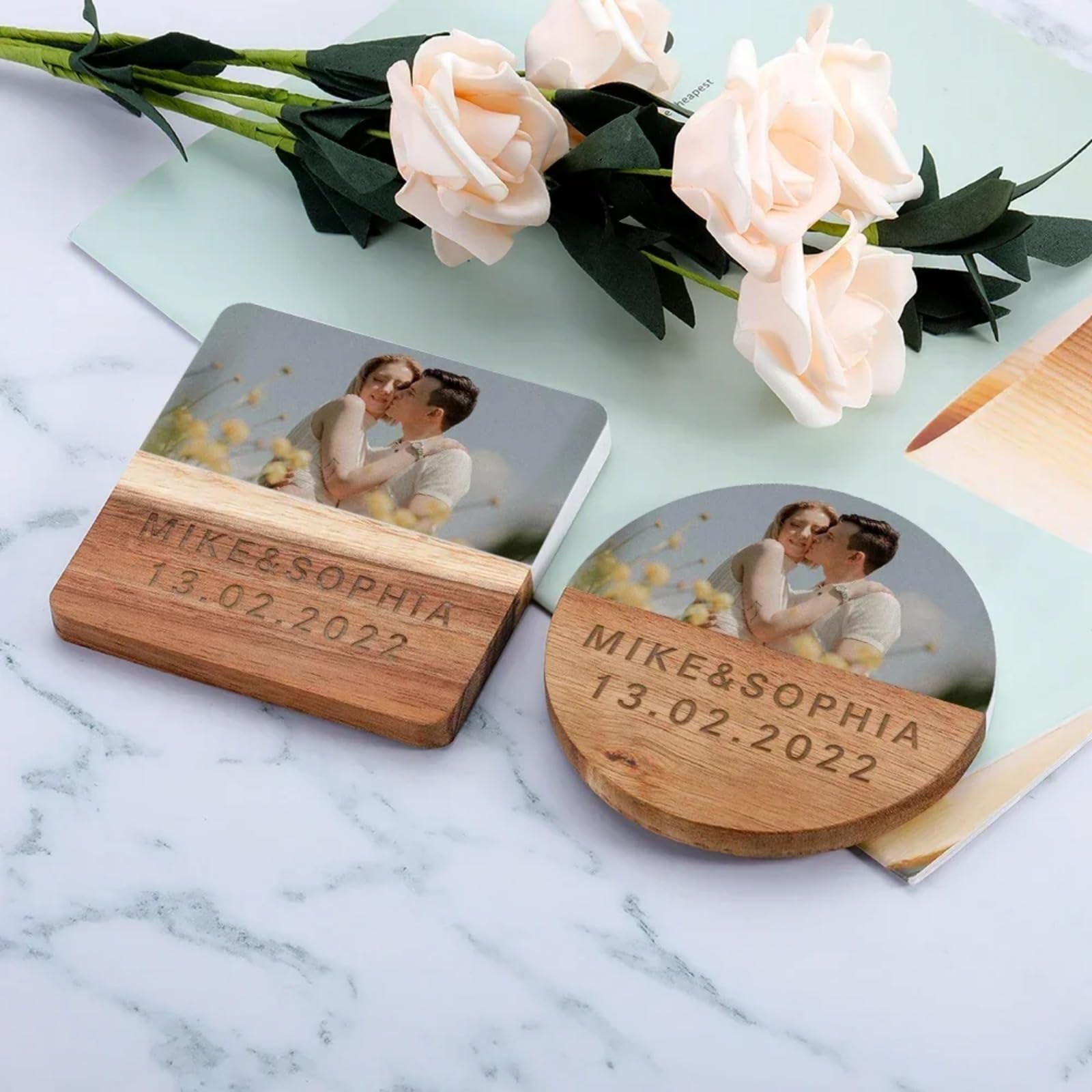 Posavasos personalizados, posavasos de madera de mármol grabados personalizados, posavasos cuadrados para hombres, regalos de fotos personalizados para parejas, regalo de San Valentín (8 piezas)