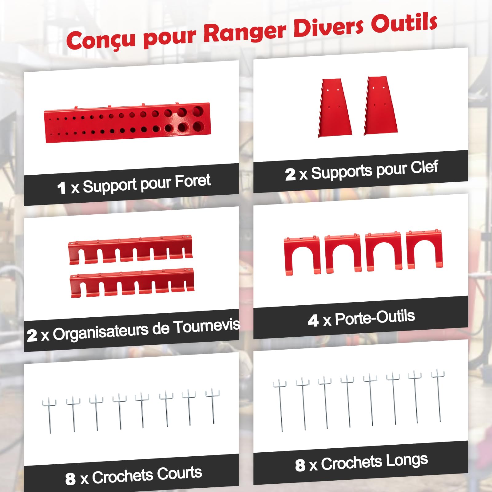 GYMAX Établi Atelier Garage 121x61x156cm, 25 Accessoires de Suspension Inclus, Panneau Perforé, 2 Tiroirs, Etagères de Rangement, Organisateur d'Outils, Table de Travail Bricoleur