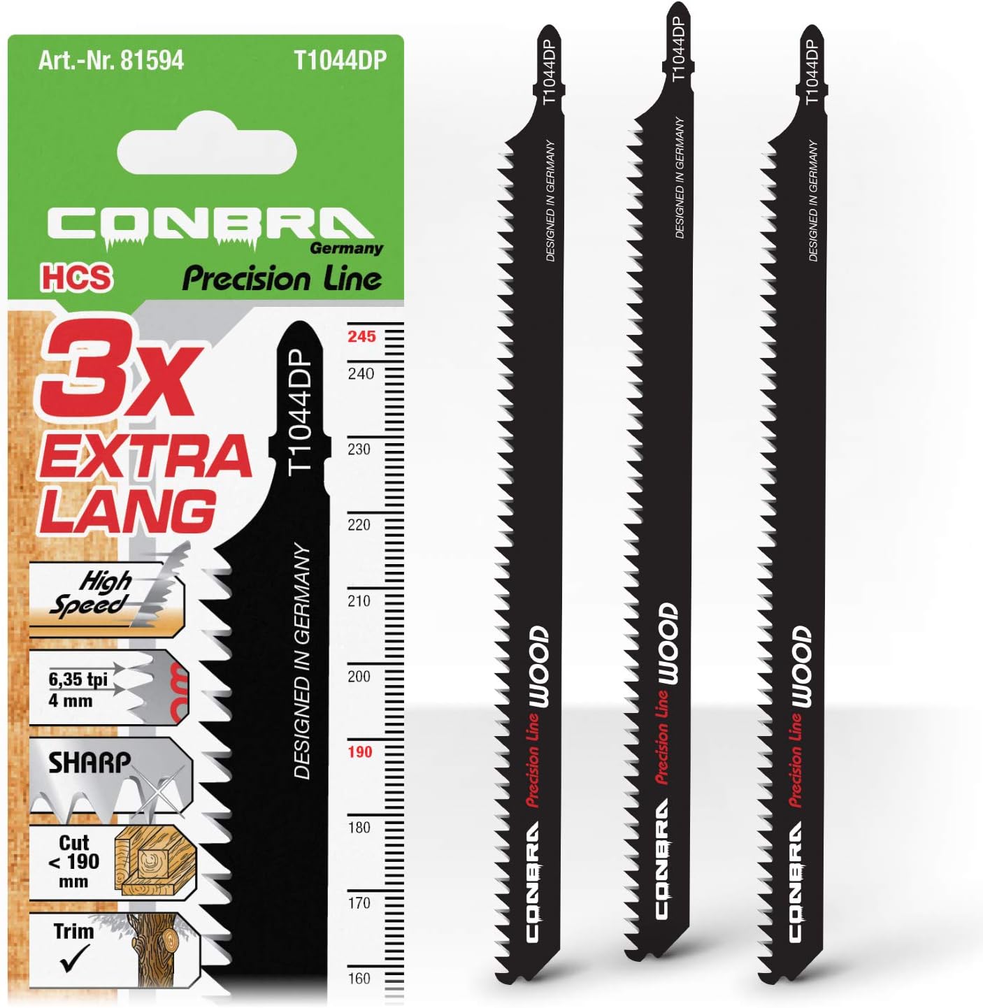 CONBRA ยฎ Jigsaw Blades for Wood - 250mm Long - Finest Carbon Steel - Perfect for Fast & Straight Cuts - Suitable for Bosch, Dewalt or Black and Decker Jigsaws with T Shank - 3x Jig Saw Blade Pieces